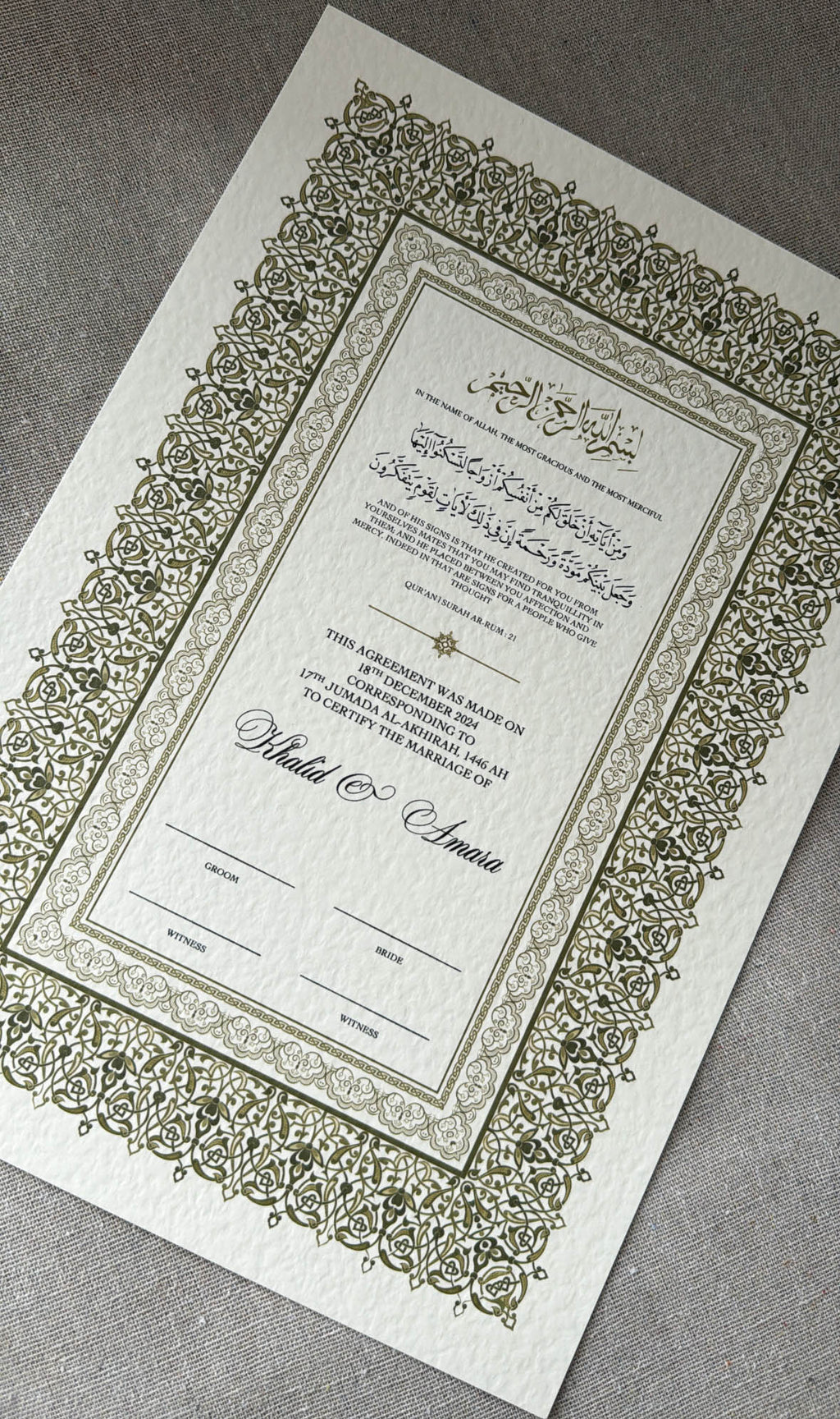 Nikah Certificate - Details of Gold