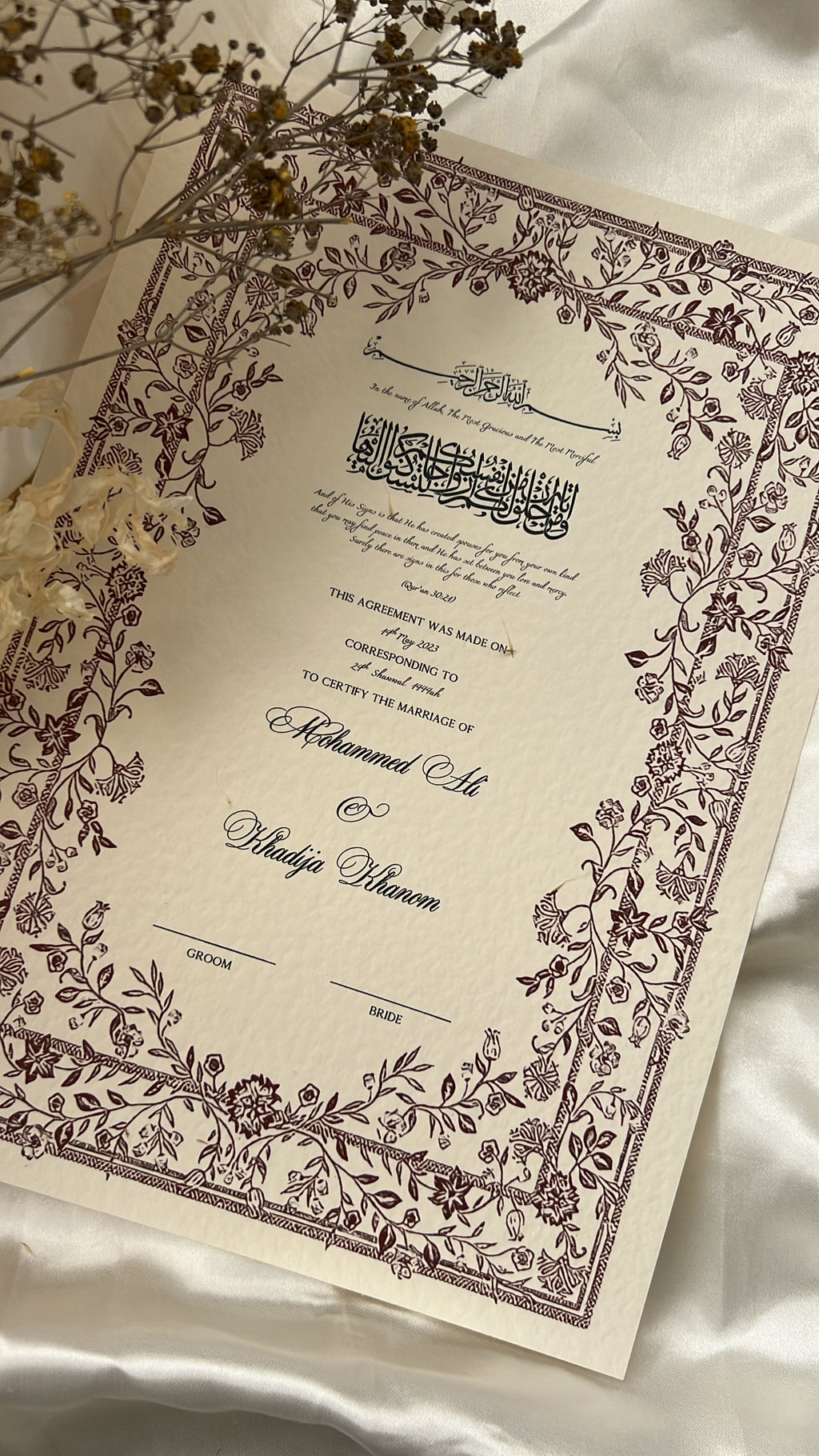Nikah Certificate - Contract of Affection