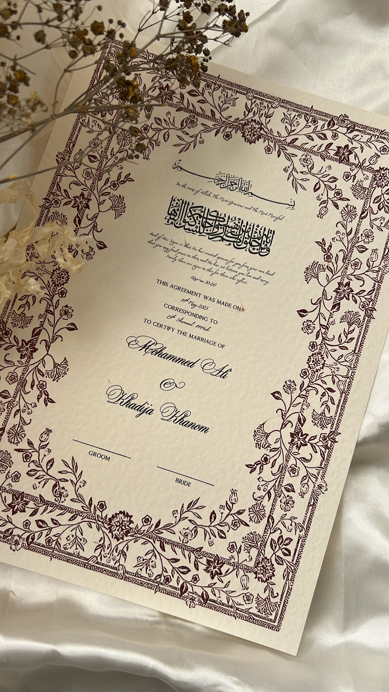Nikah Certificate - Contract of Affection