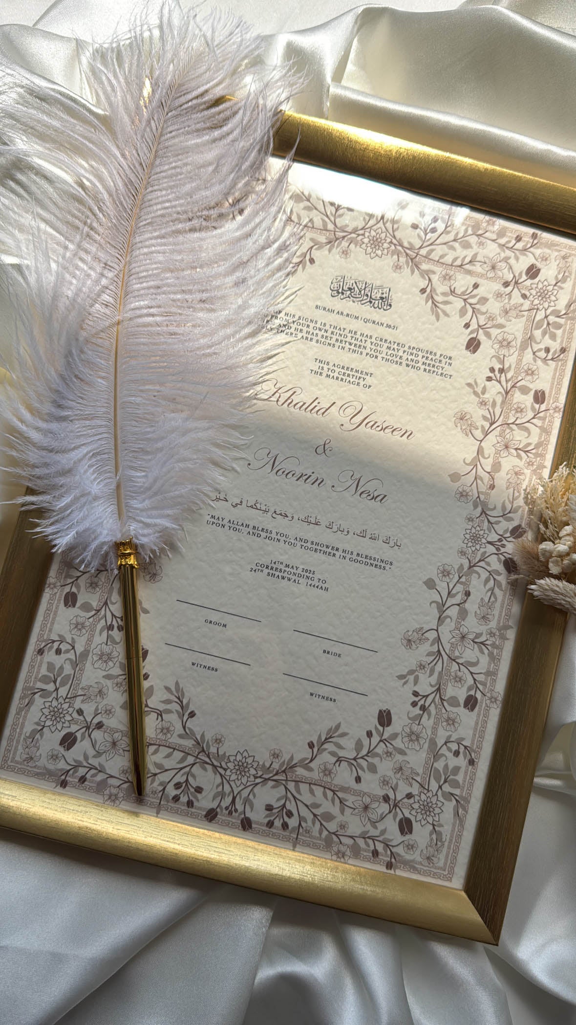 Bundle: Nikah Certificate - Blossom of Affection + Frame + Pen