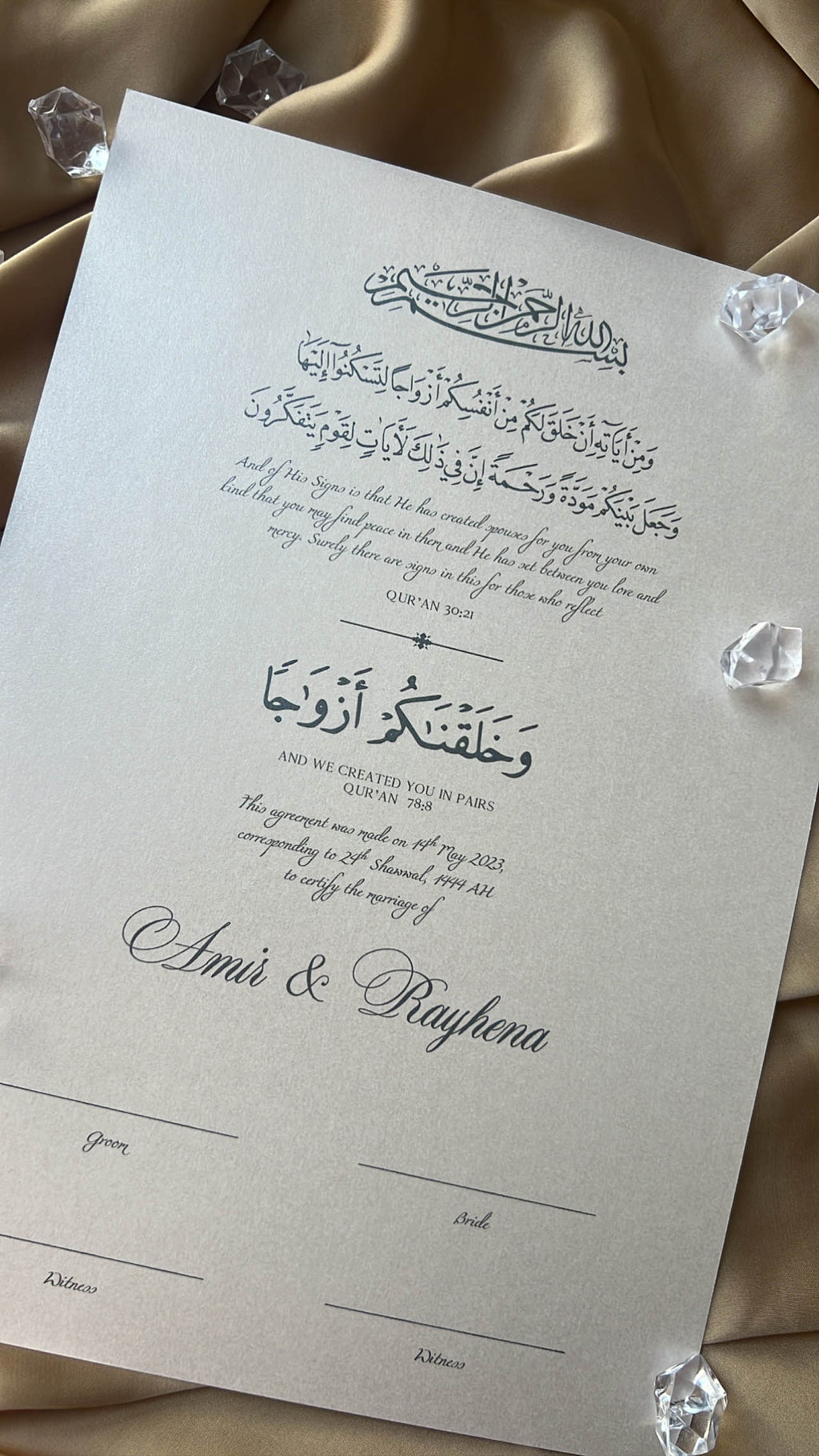 Bundle: Nikah Certificate - Covenant of Tranquility + Frame + Pen