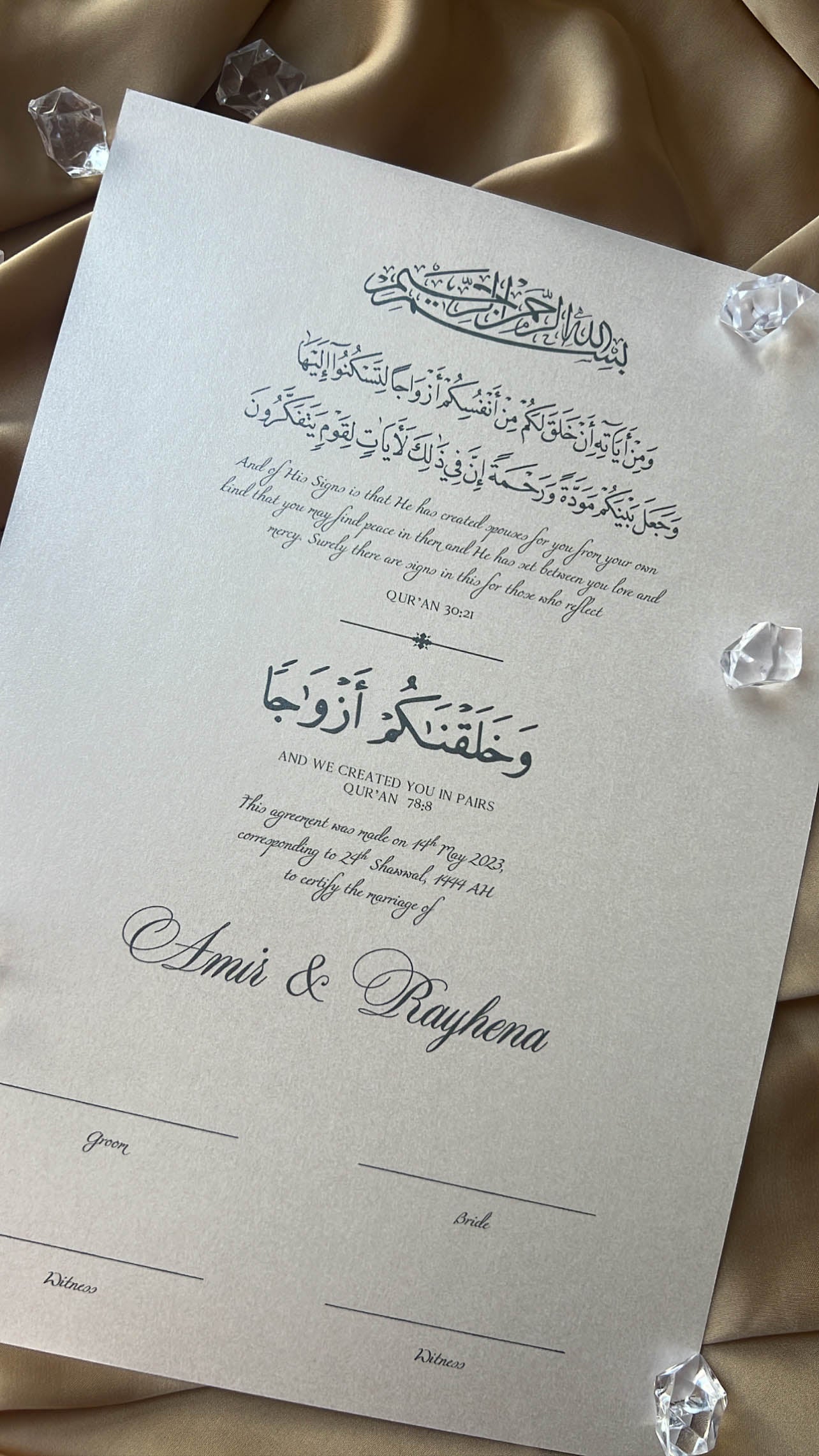 Nikah Certificate - Covenant of Tranquility + Pen