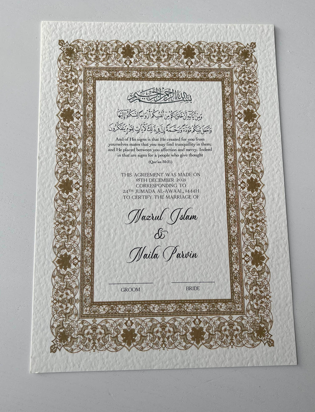 Nikah Certificate - Golden Moments