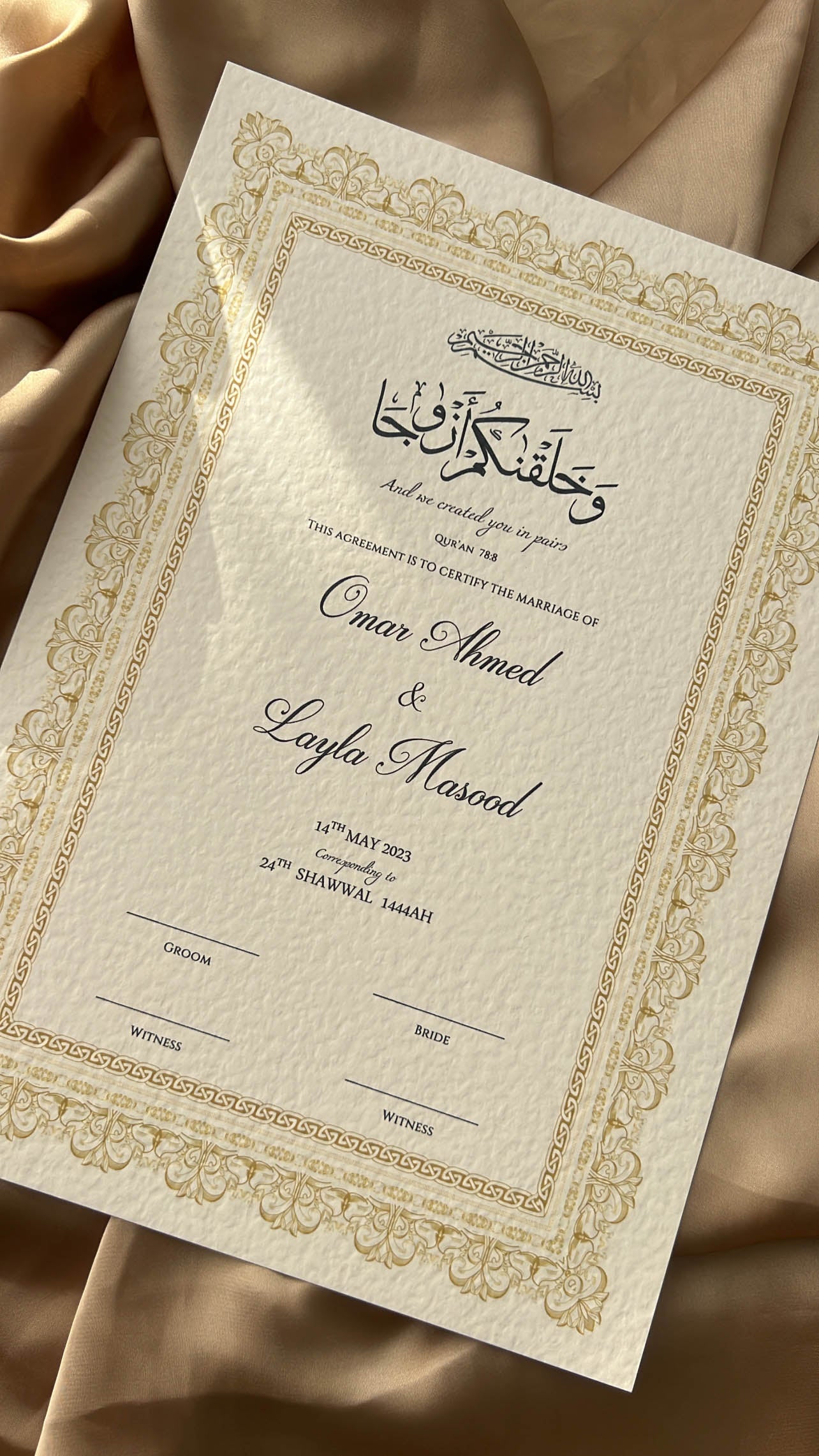 Nikah Certificate - Light of Gold + Pen