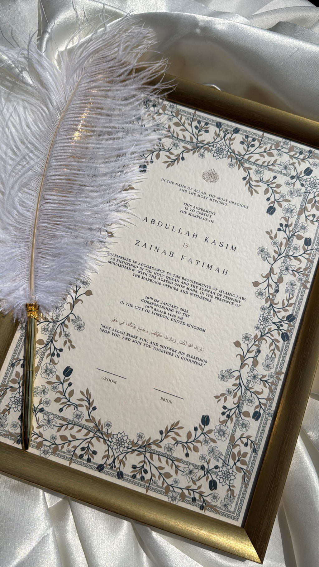 Bundle: Nikah Certificate - Blossom of the Sky + Frame + Pen