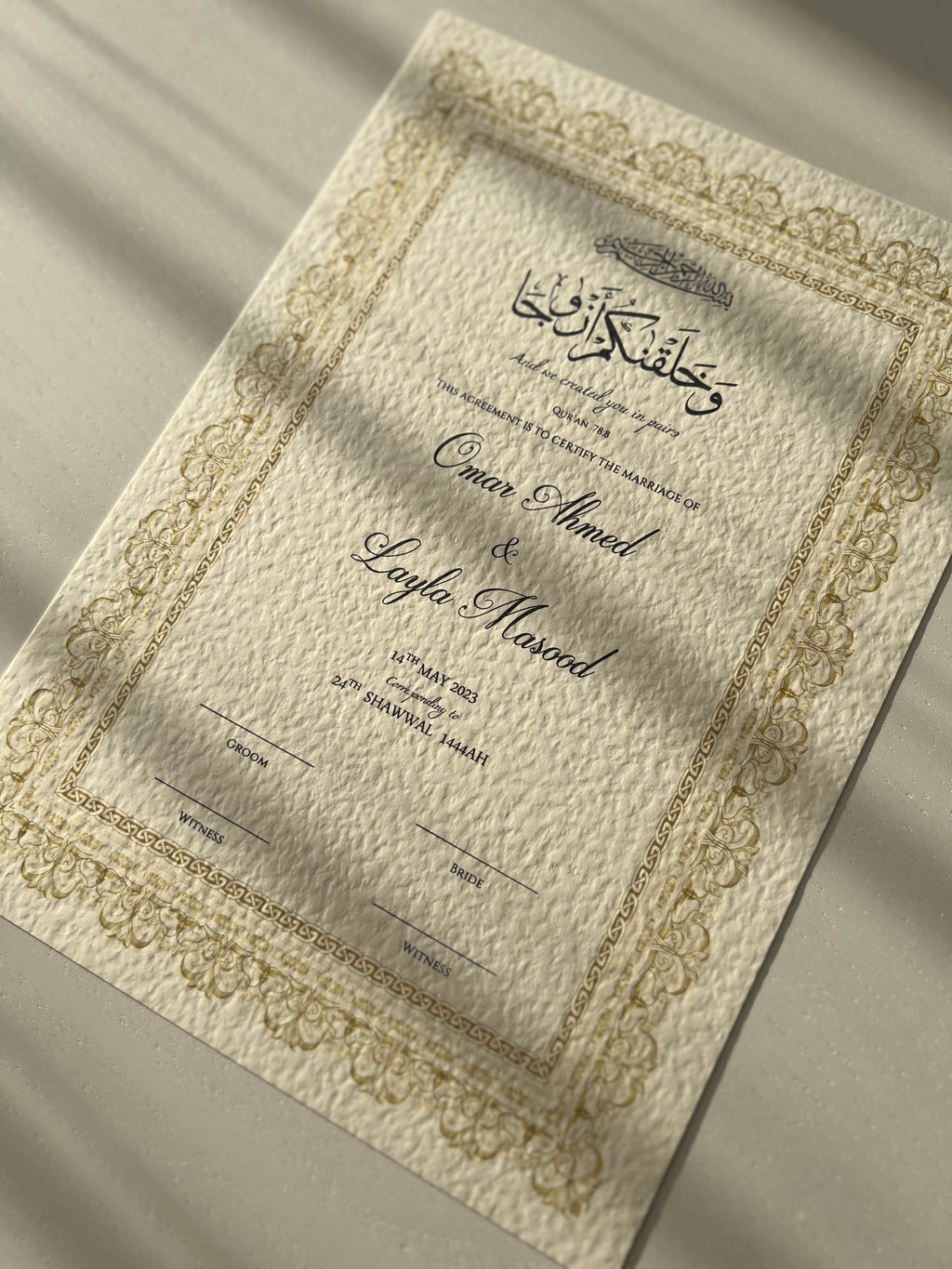 Nikah Certificate - Light of Gold + Pen