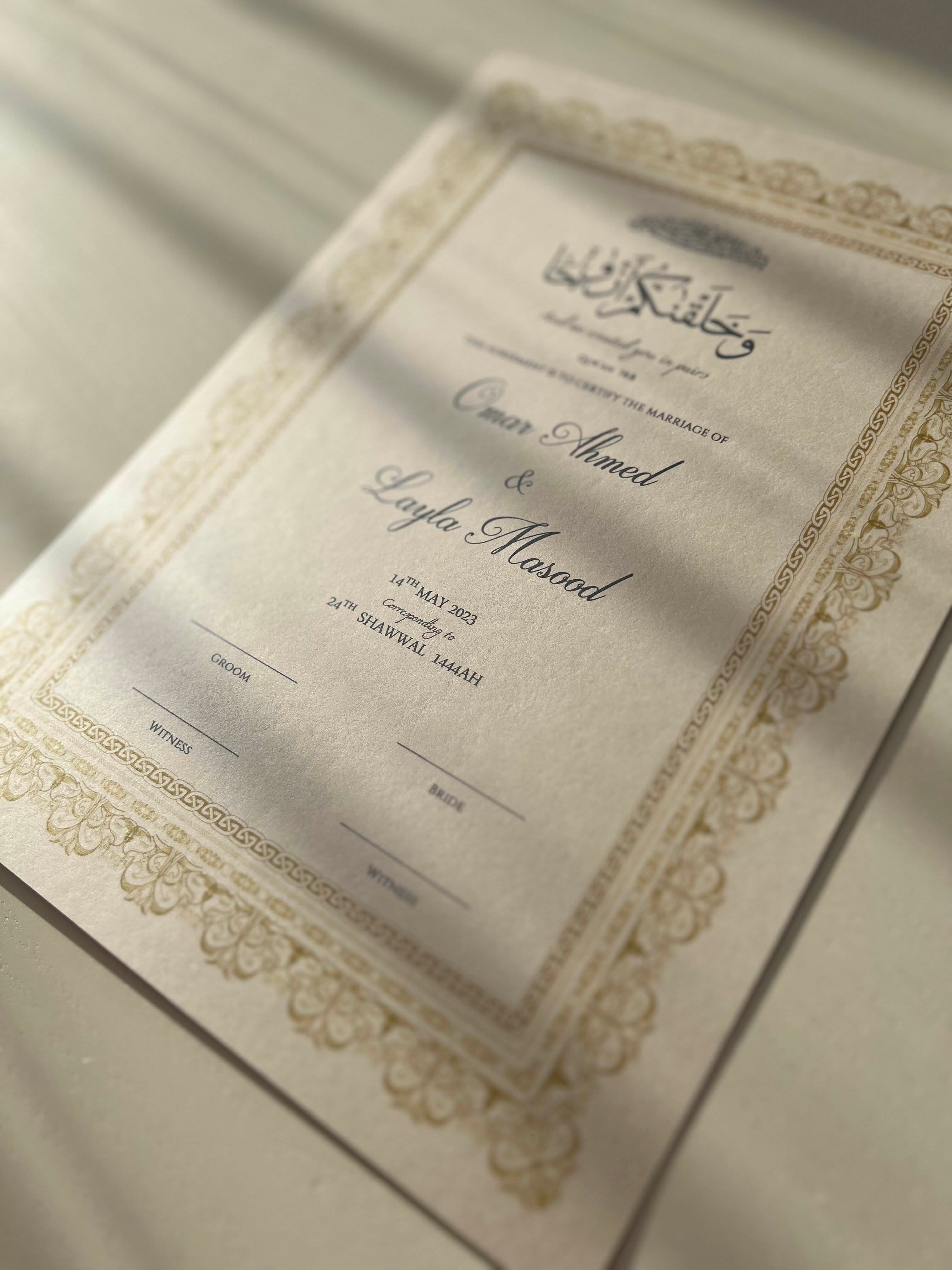 Nikah Certificate - Light of Gold + Pen