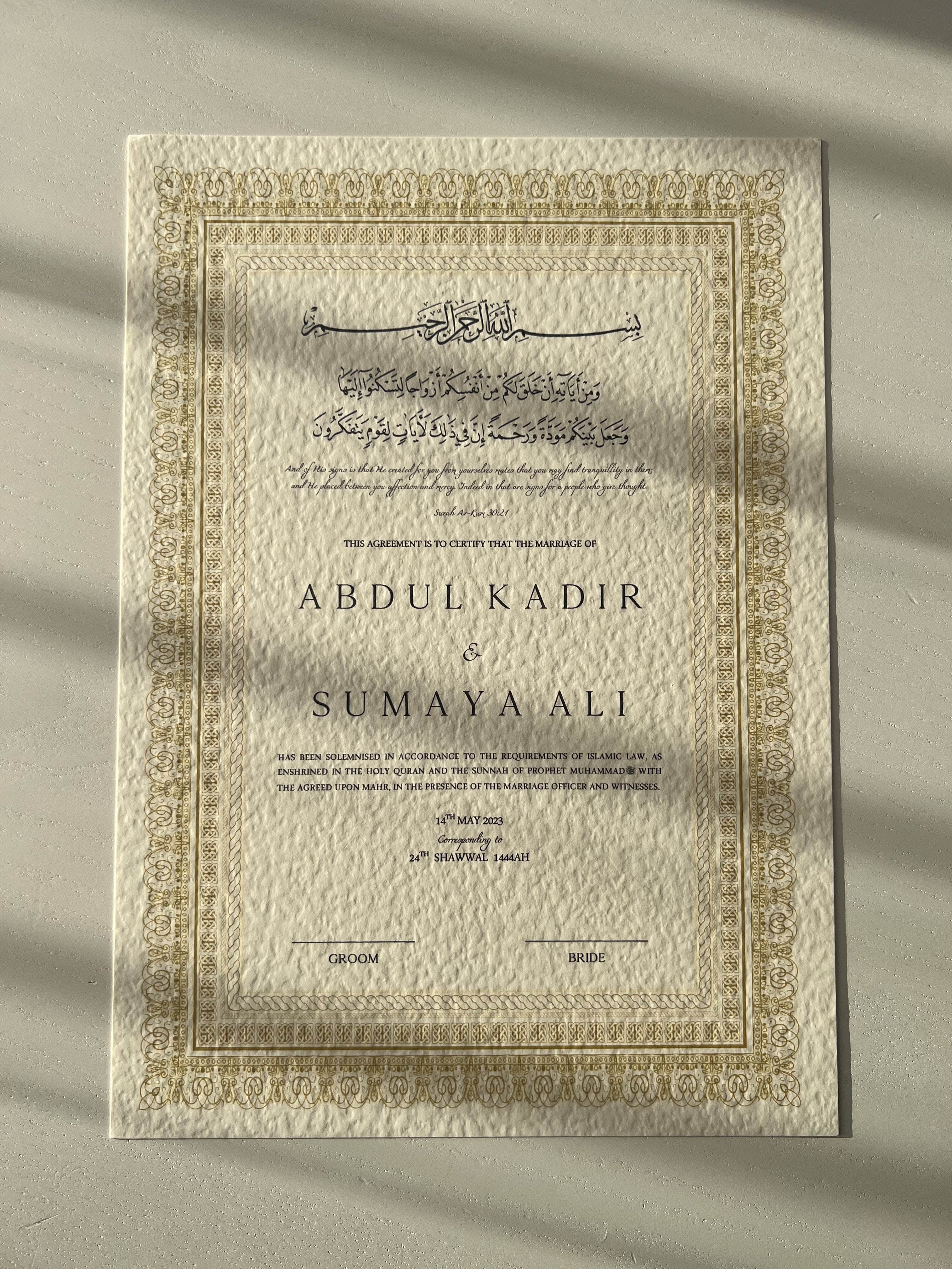 Nikah Certificate - Elegance of Gold + Pen