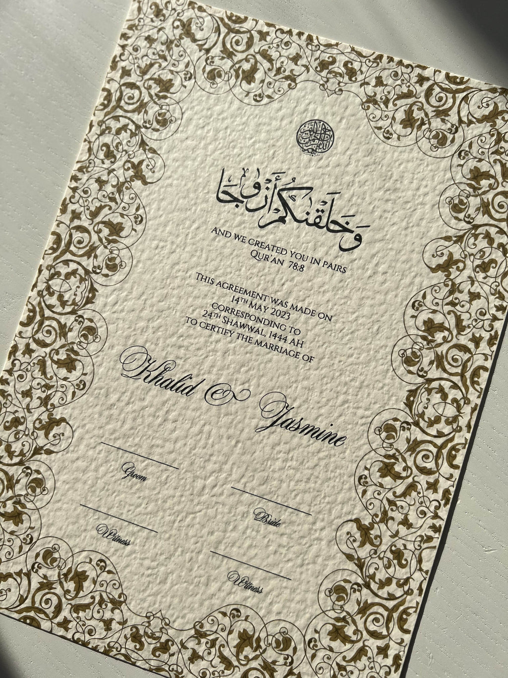 Nikah Certificate - Pearl of Gold + Pen