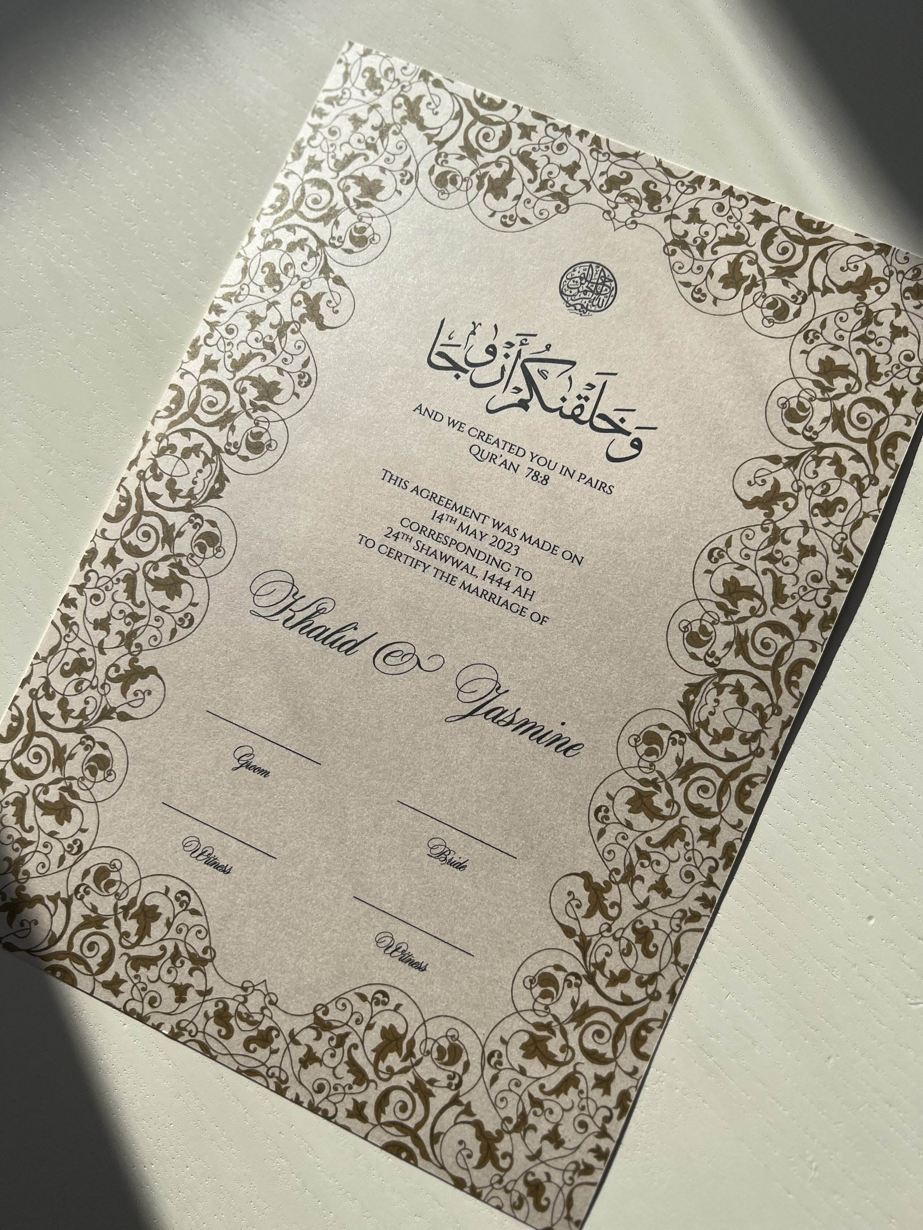 Bundle: Nikah Certificate - Pearl of Gold + Frame + Pen