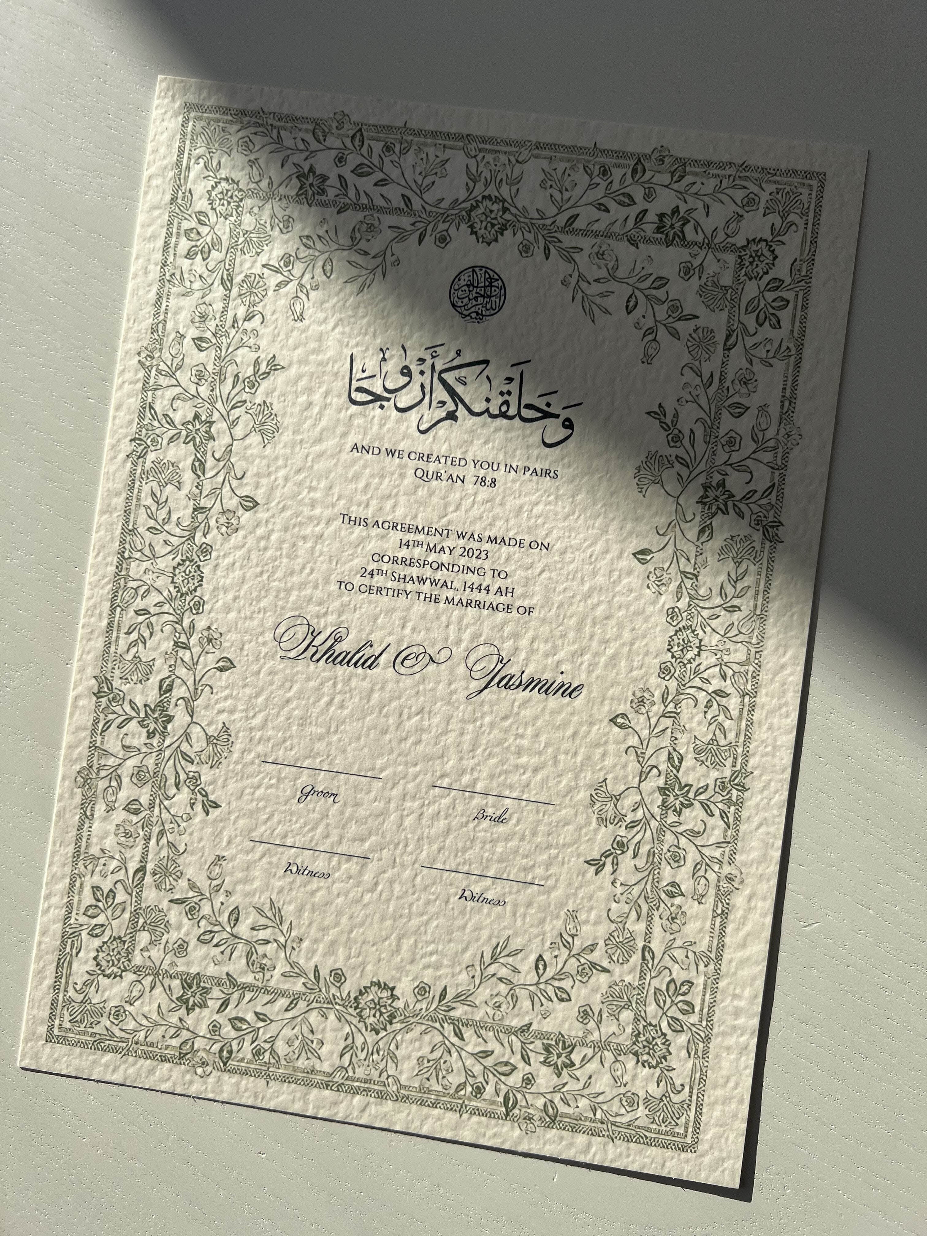 Nikah Certificate - Garden of Emotions