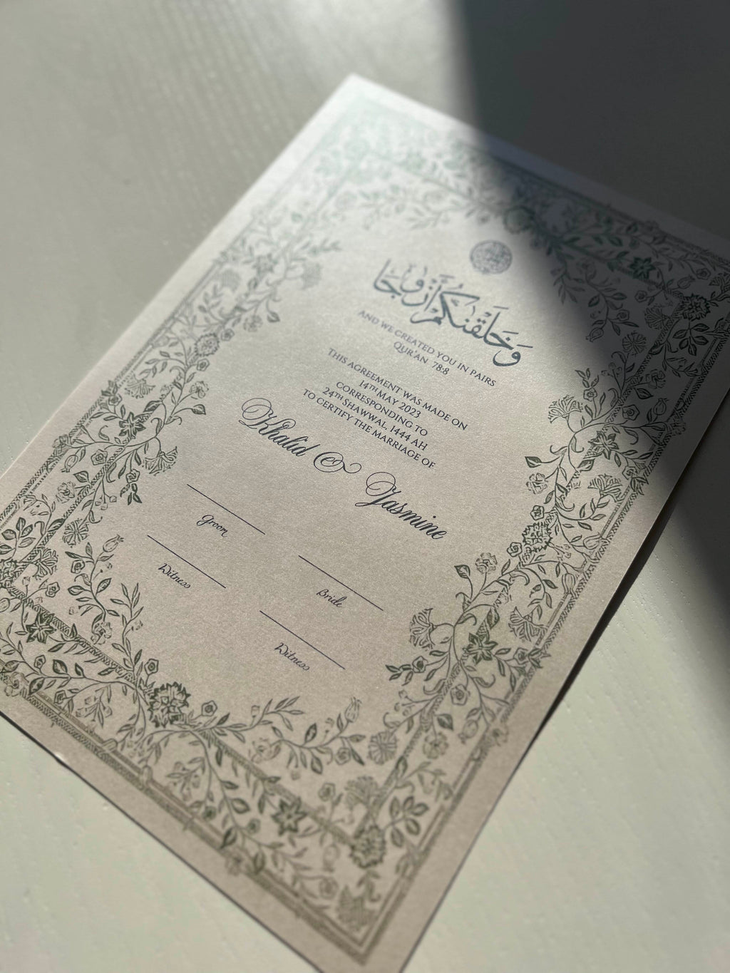 Nikah Certificate - Garden of Emotions