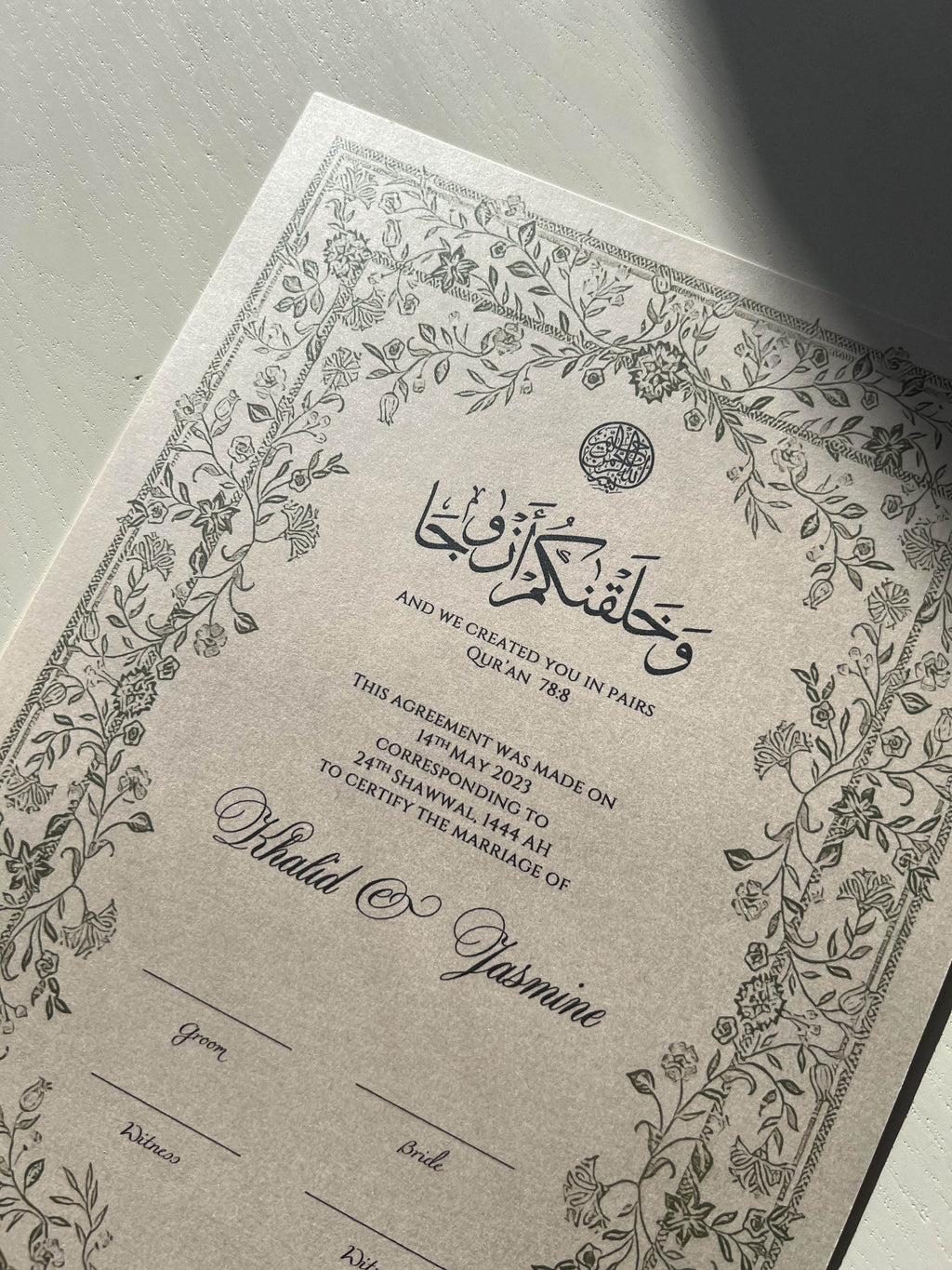Nikah Certificate - Garden of Emotions