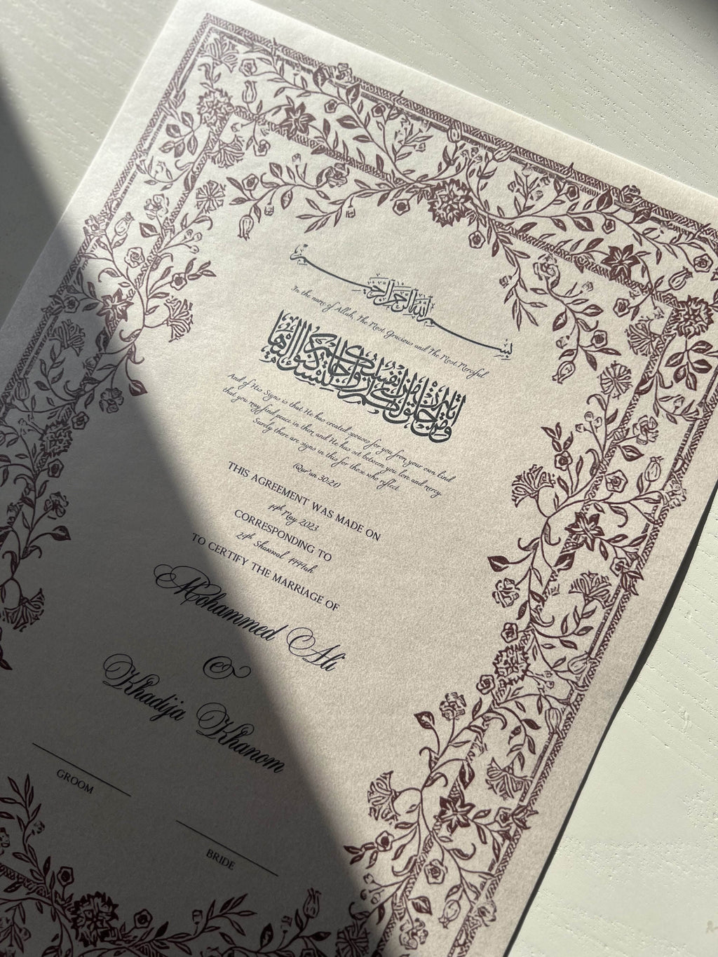 Nikah Certificate - Contract of Affection