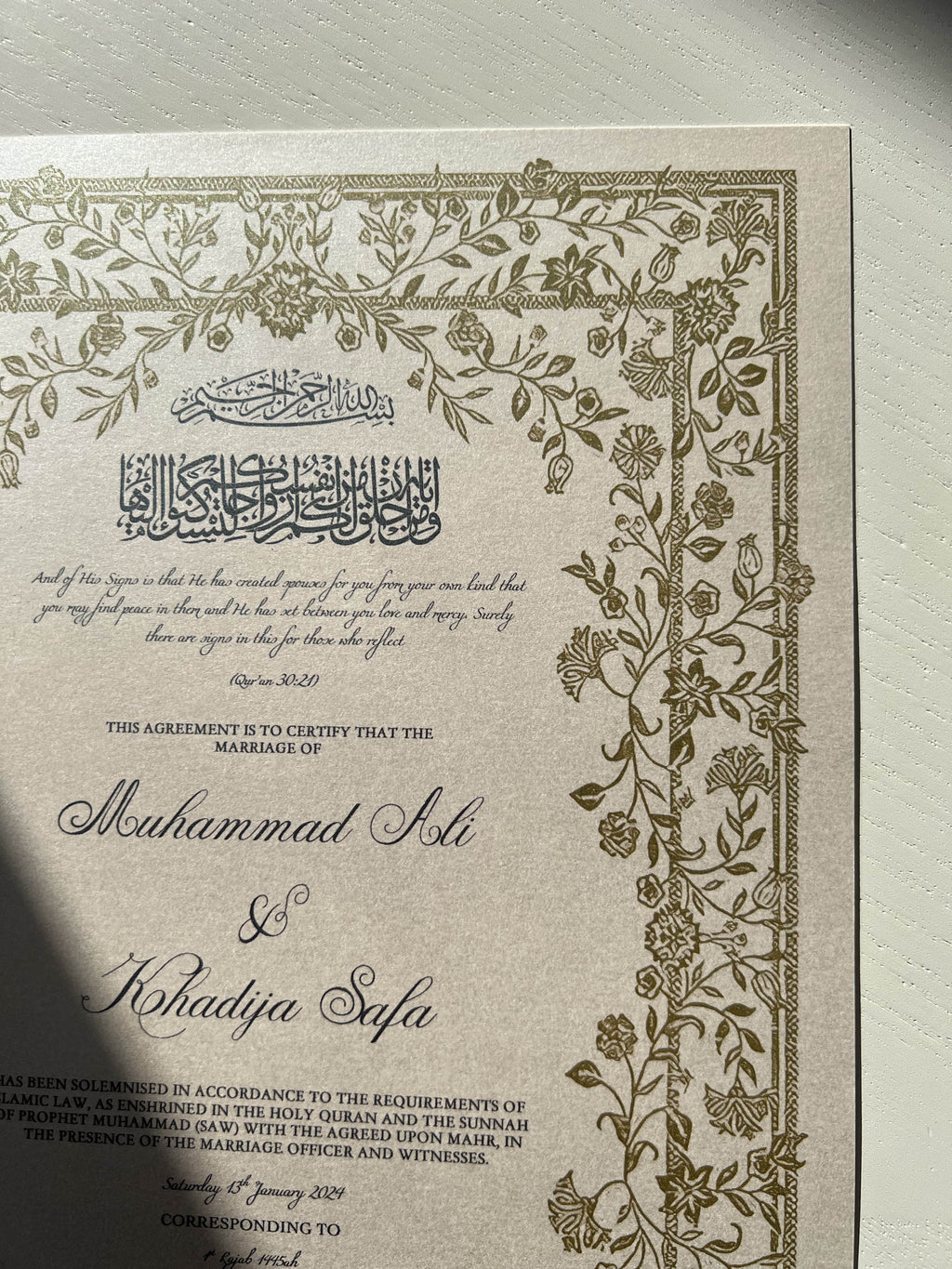 Nikah Certificate - Treasures of the Soul