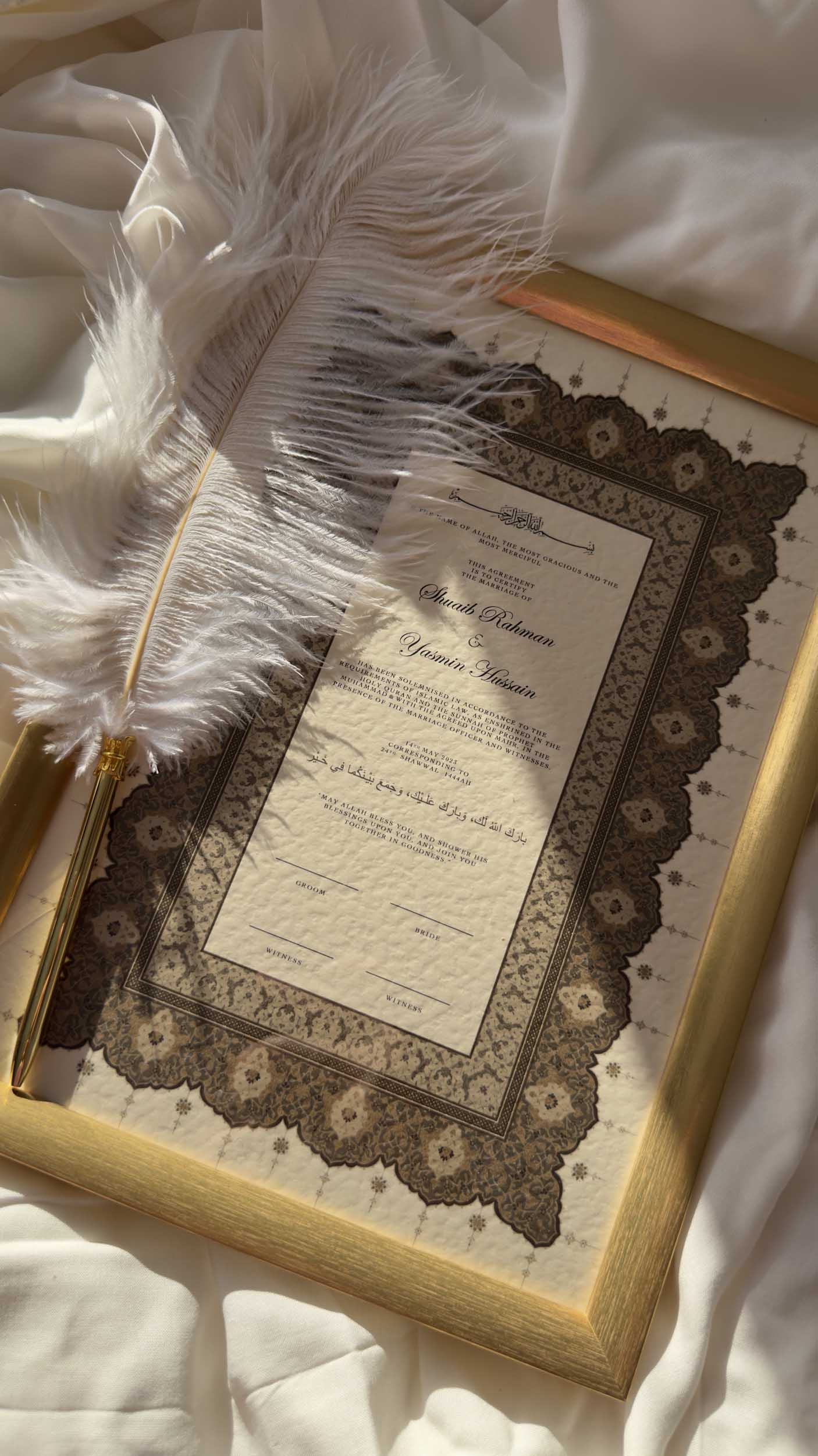 Bundle: Nikah Certificate - Ember Hearts + Frame + Pen