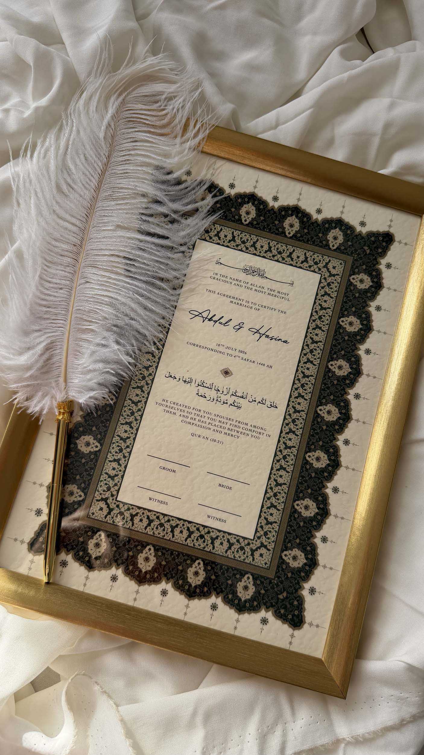 Bundle: Nikah Certificate - Emerald Blessings  + Frame + Pen