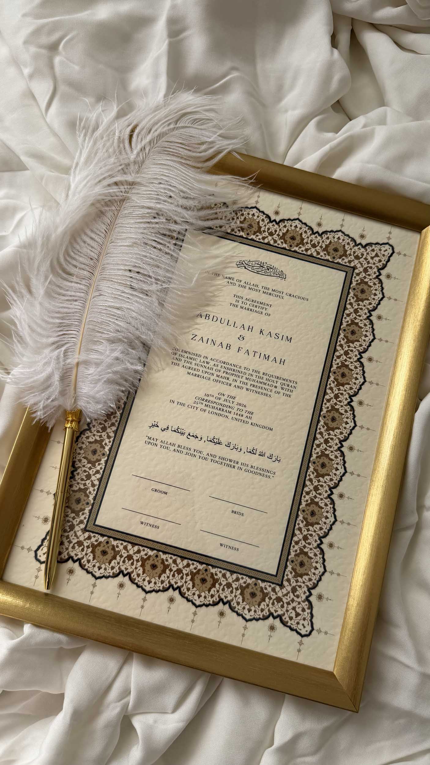 Bundle: Nikah Certificate - Velvet Vows + Frame + Pen