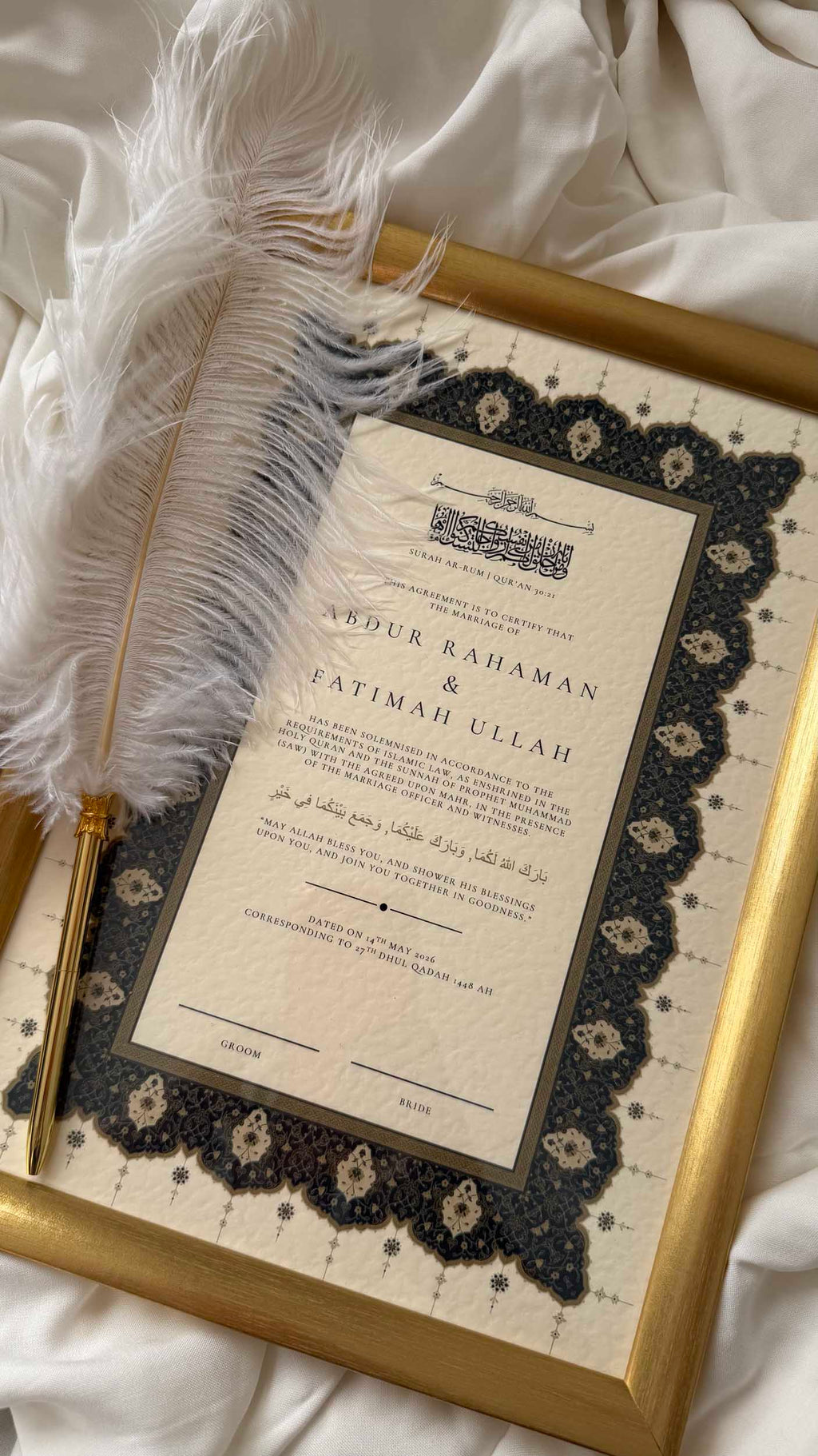 Bundle: Nikah Certificate - Sapphire Serenity + Frame + Pen