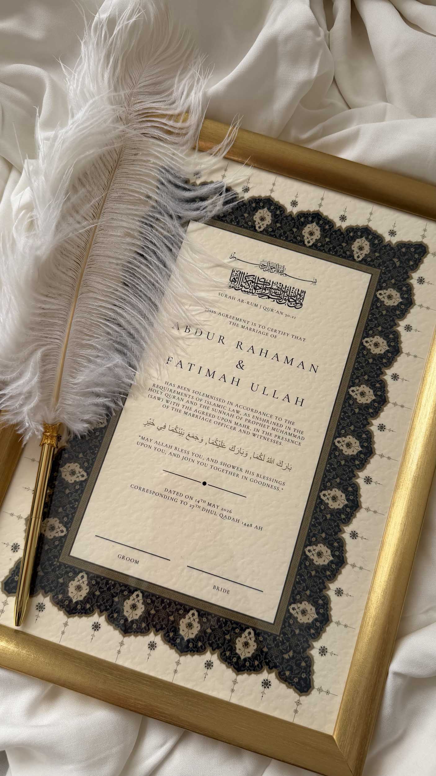 Bundle: Nikah Certificate - Sapphire Serenity + Frame + Pen