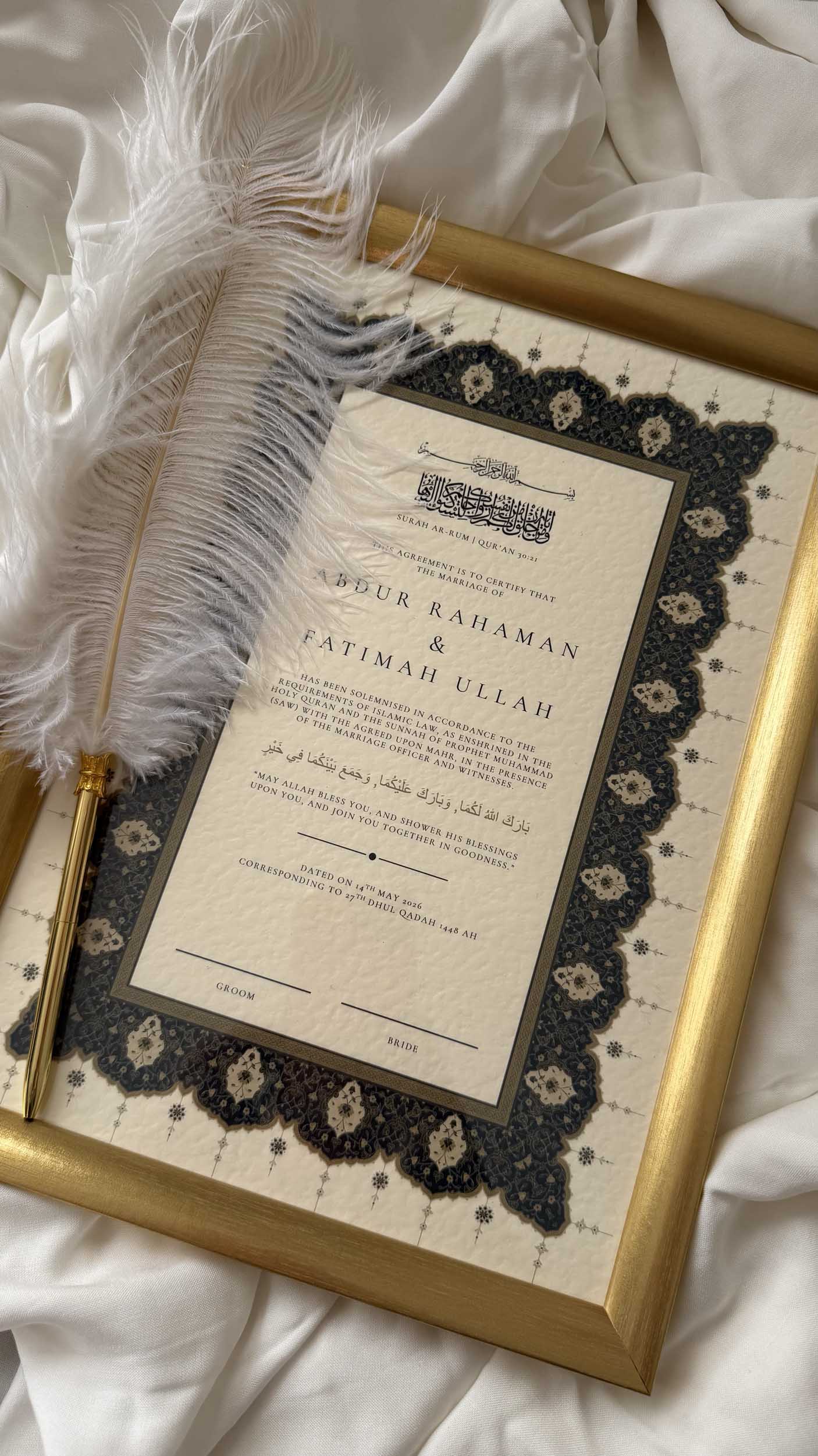 Bundle: Nikah Certificate - Sapphire Serenity + Frame + Pen