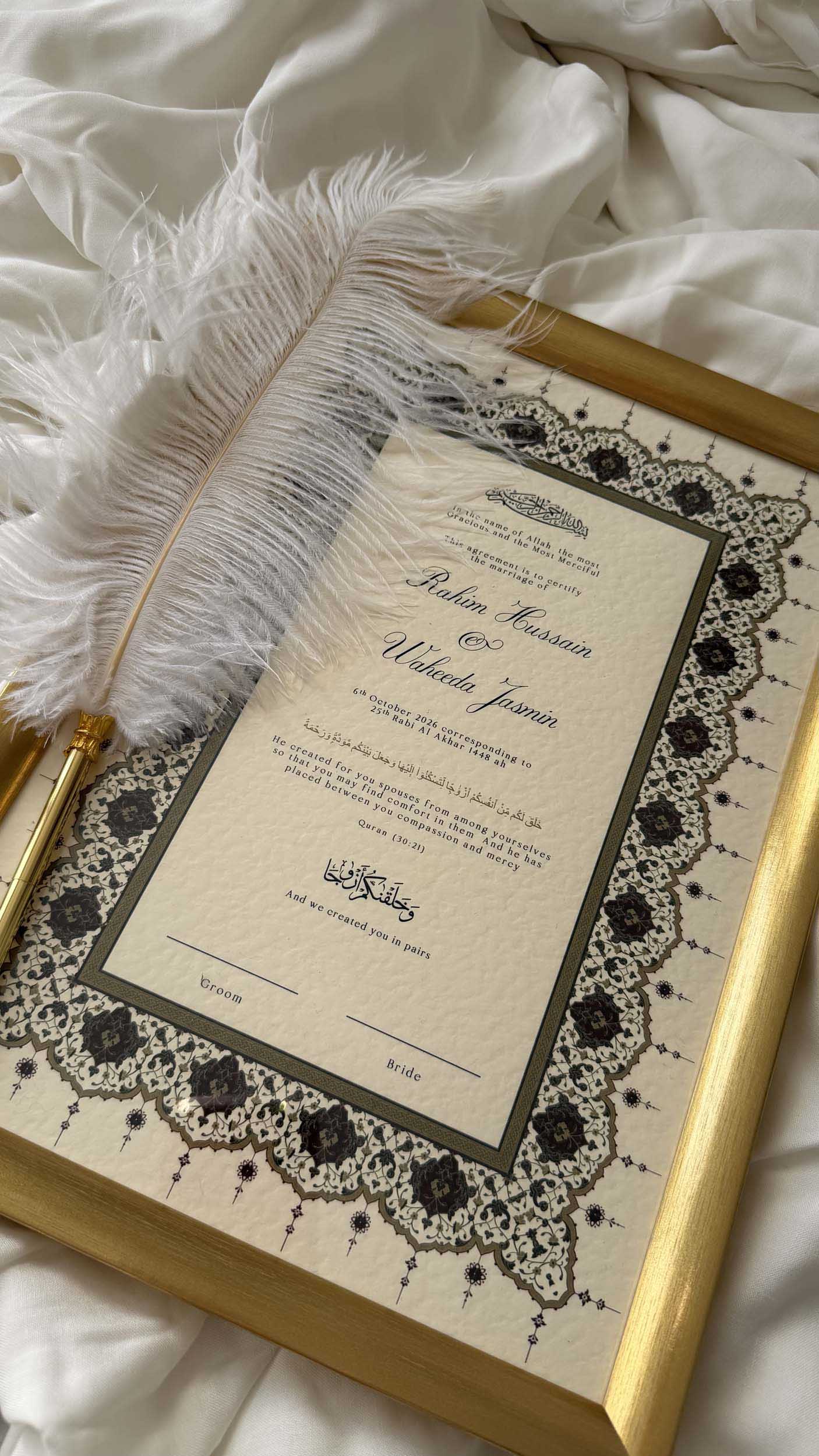 Bundle: Nikah Certificate - Rosebound Hearts + Frame + Pen