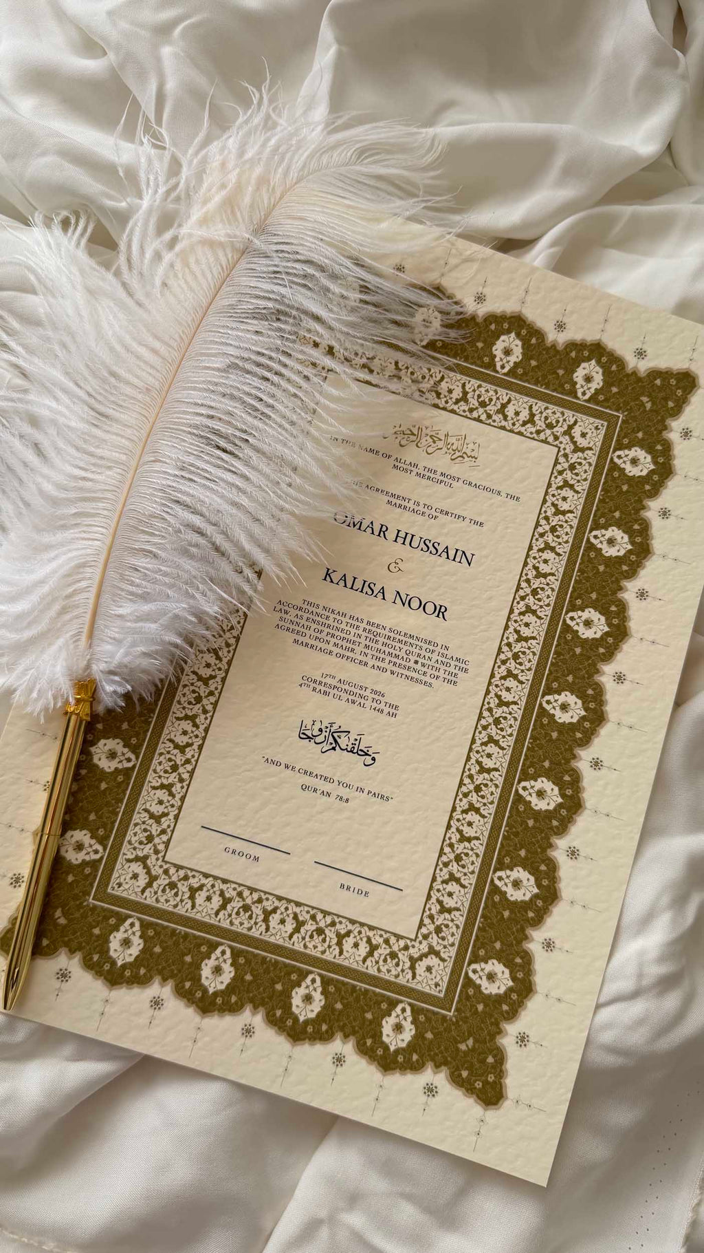 Bundle: Nikah Certificate - Love Written in Gold + Frame + Pen