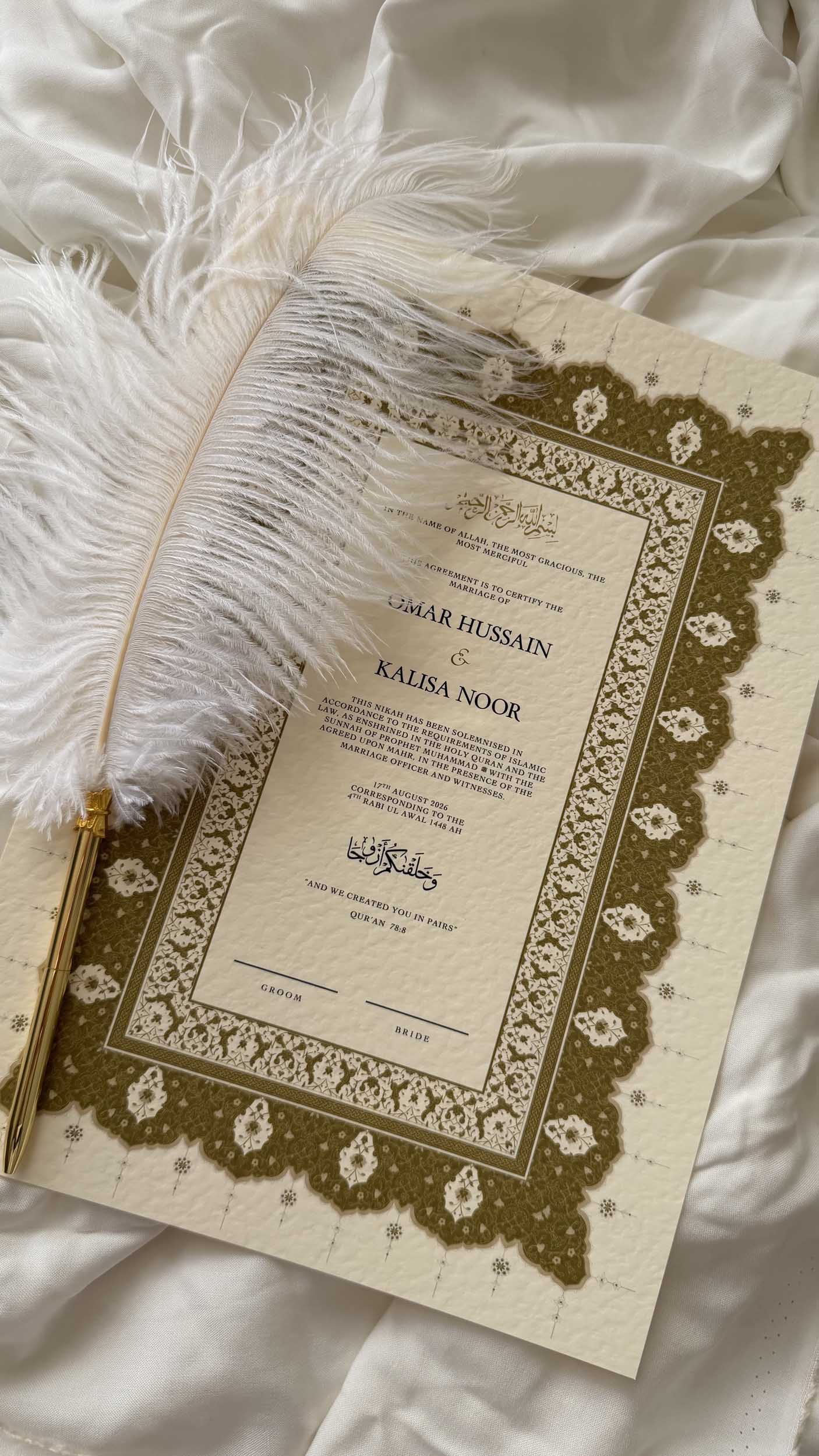 Bundle: Nikah Certificate - Love Written in Gold + Frame + Pen