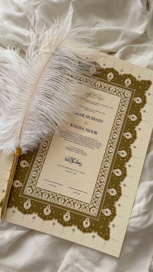 Bundle: Nikah Certificate - Love Written in Gold + Frame + Pen