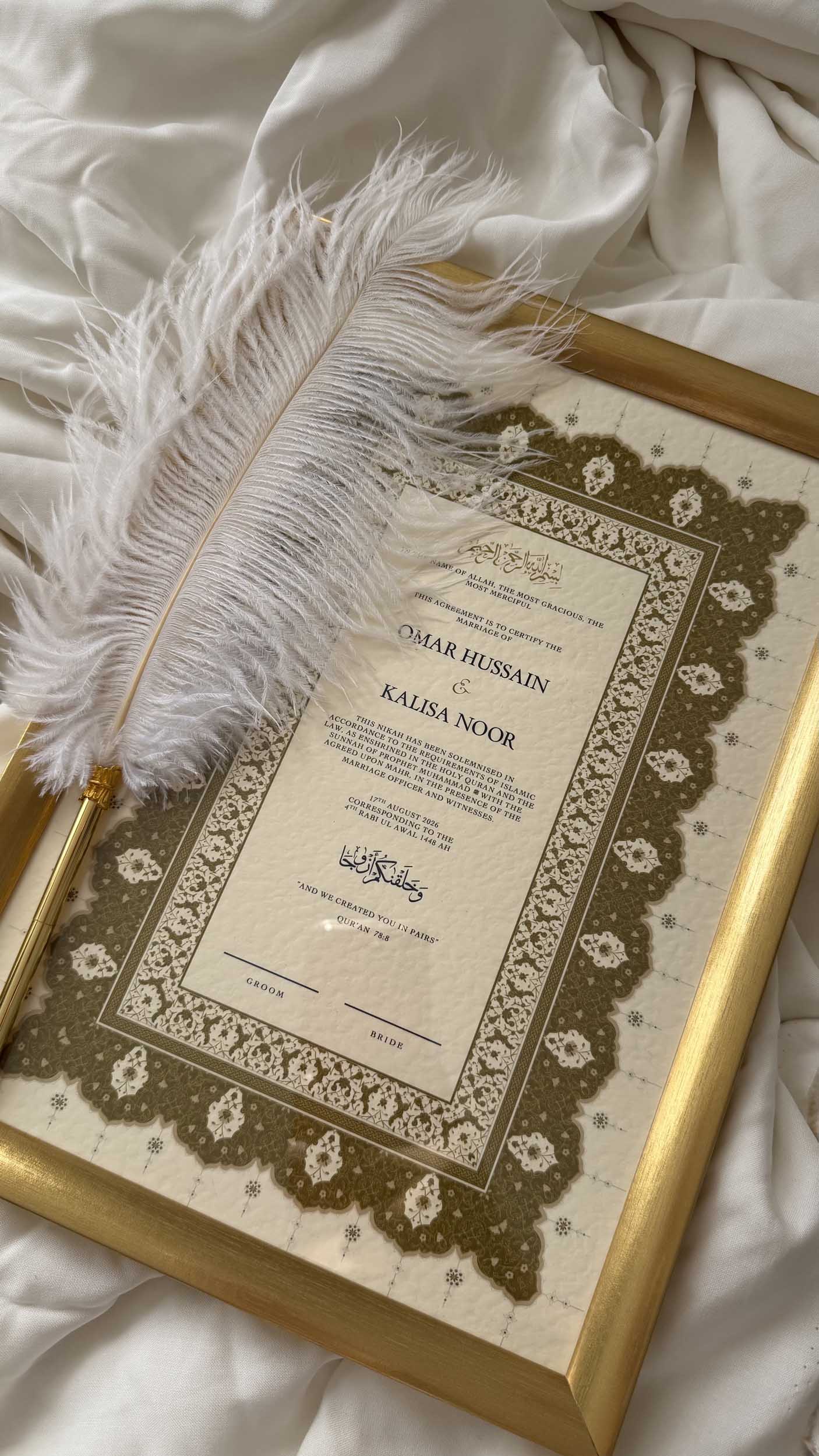 Bundle: Nikah Certificate - Love Written in Gold + Frame + Pen