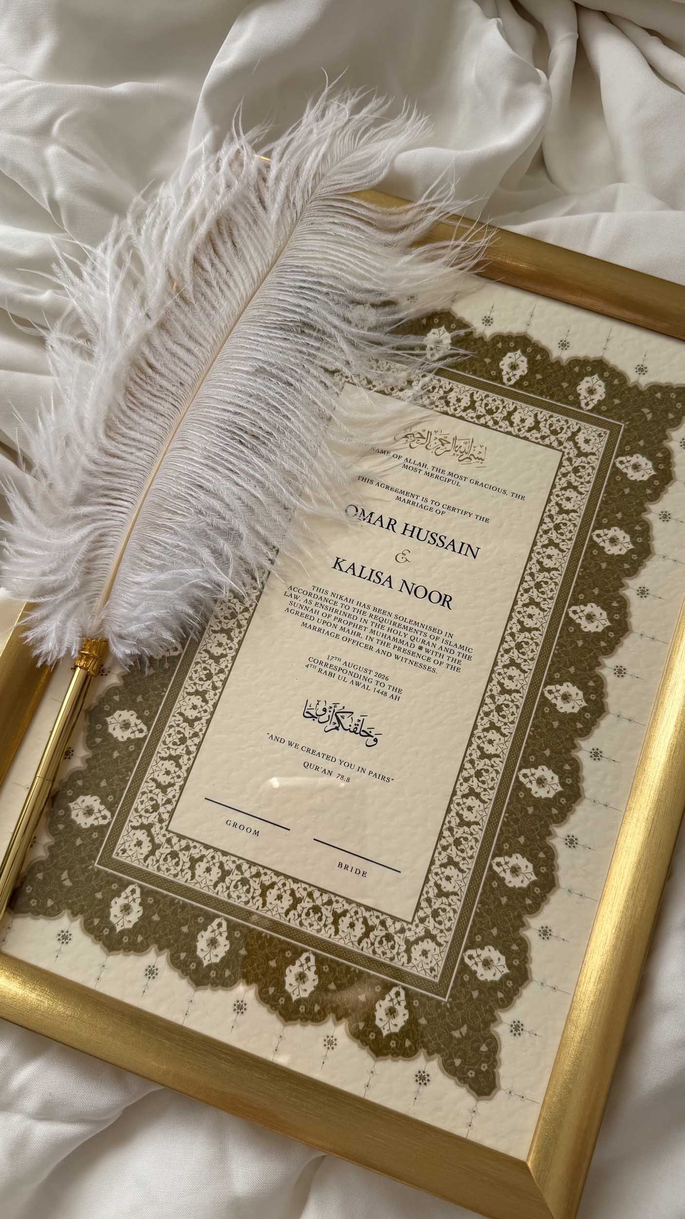 Bundle: Nikah Certificate - Love Written in Gold + Frame + Pen