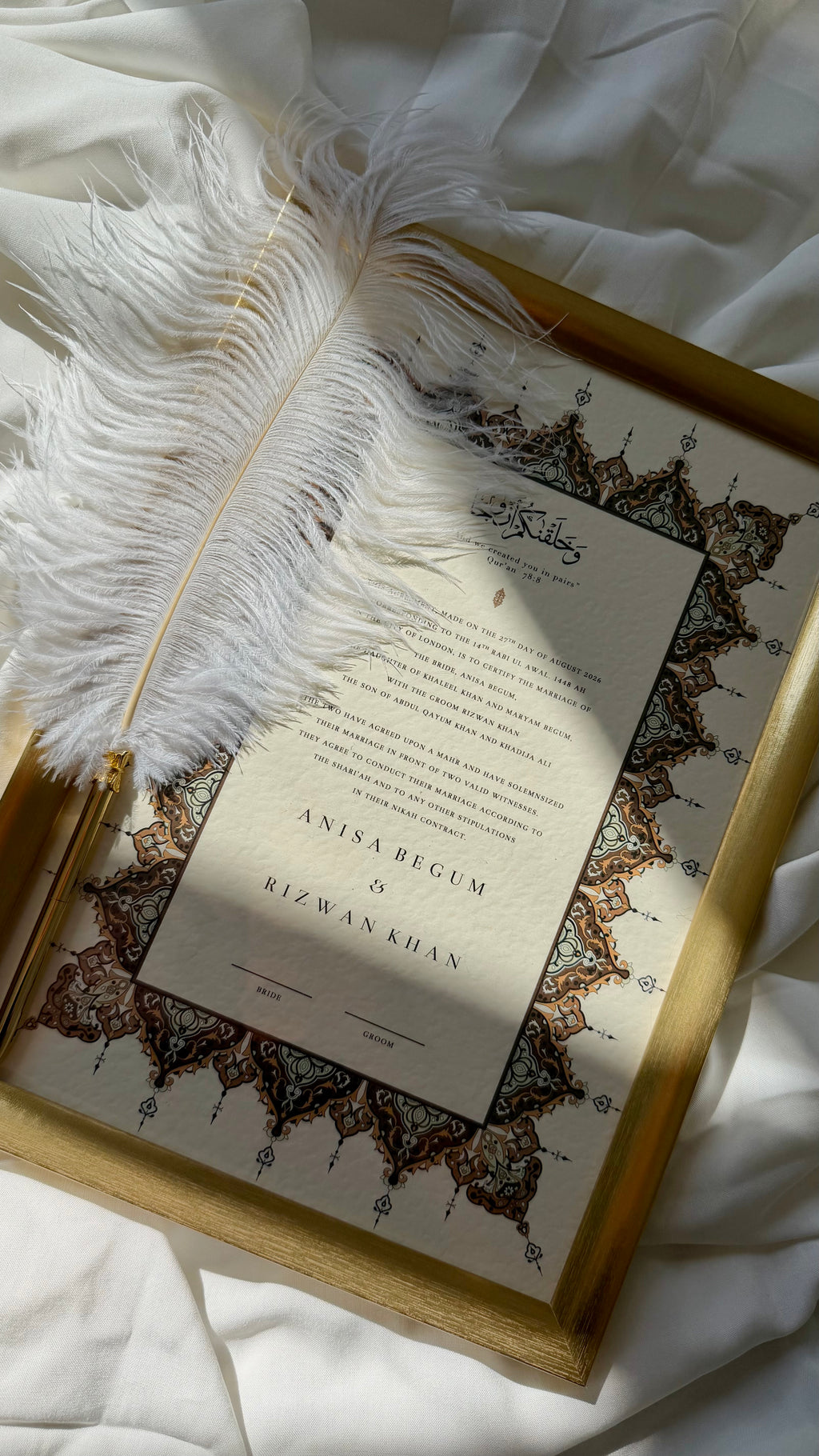 Bundle: Nikah Certificate - Sunrise of Hearts + Frame + Pen