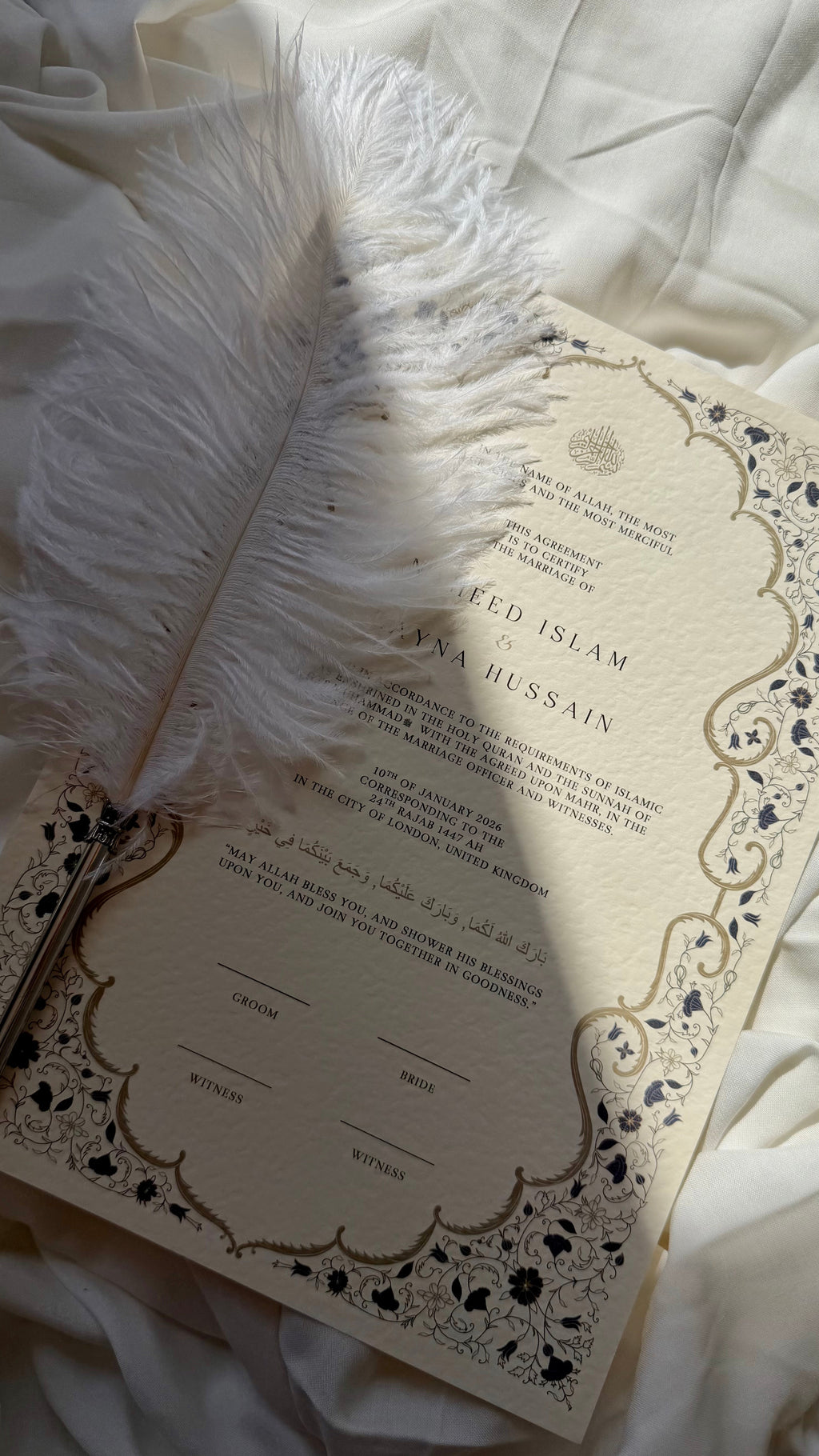 Bundle: Nikah Certificate - Garden of Blue Blossoms + Frame + Pen
