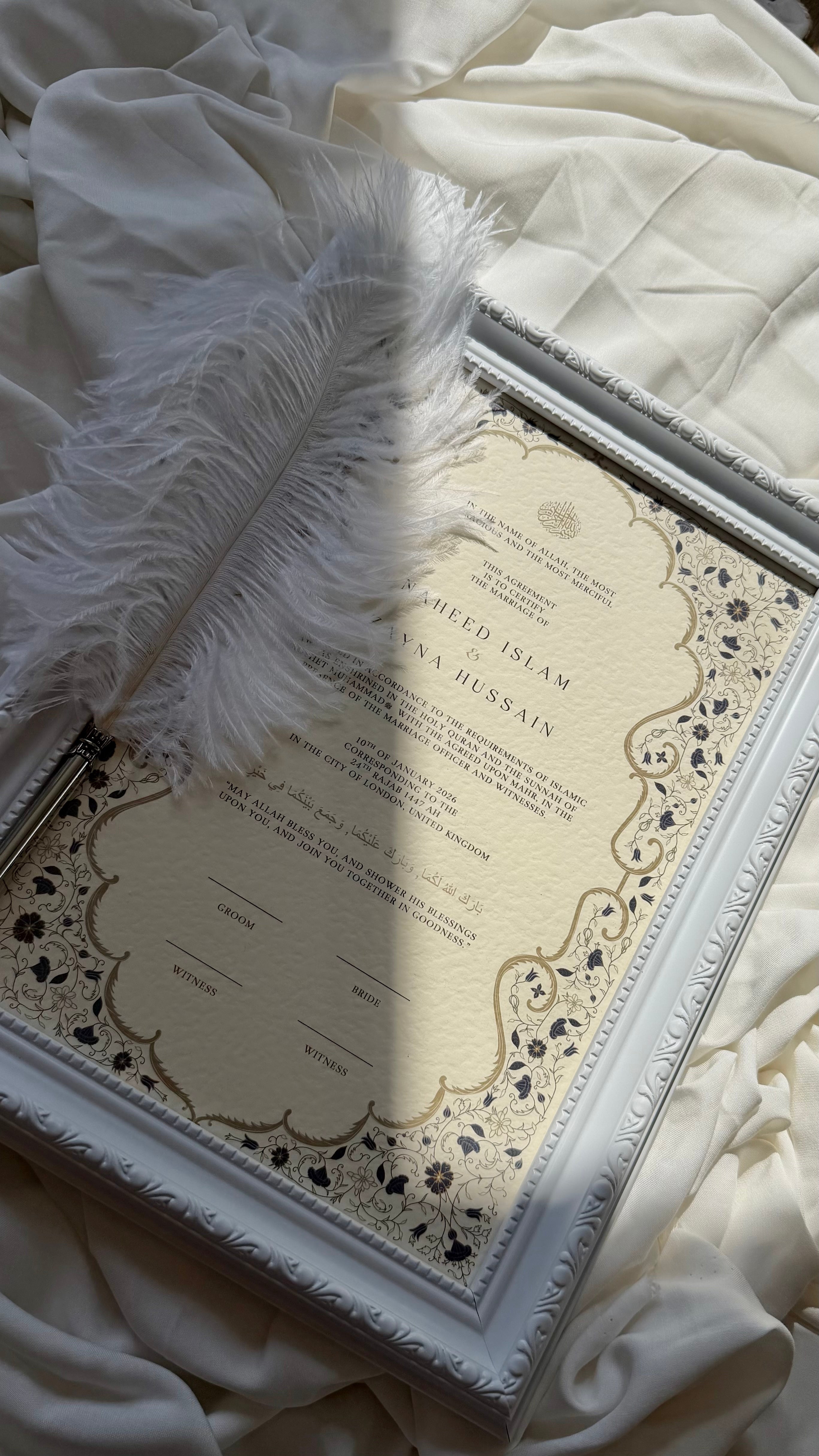 Bundle: Nikah Certificate - Garden of Blue Blossoms + Frame + Pen