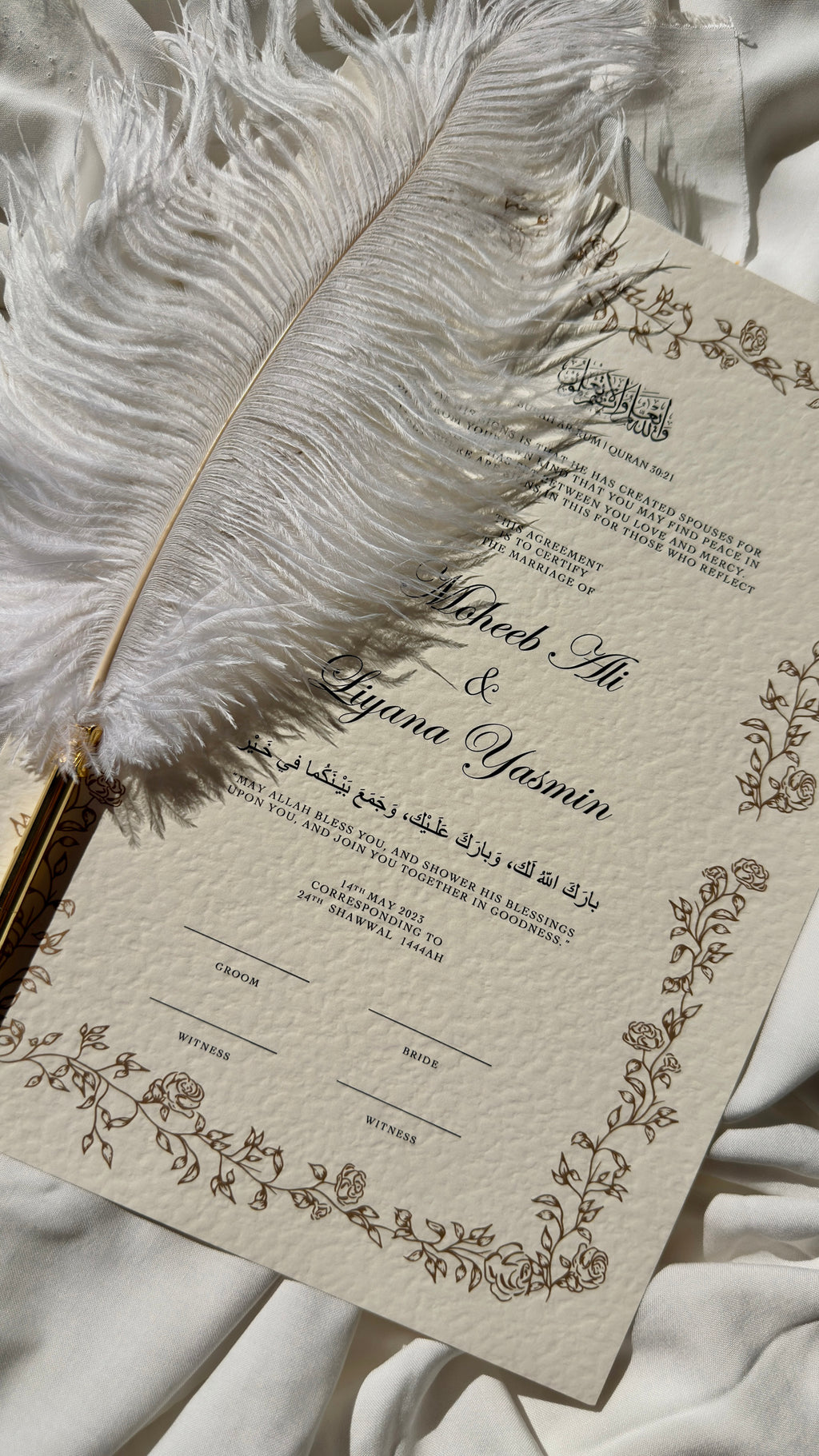Nikah Certificate - Leaves of Union + Pen