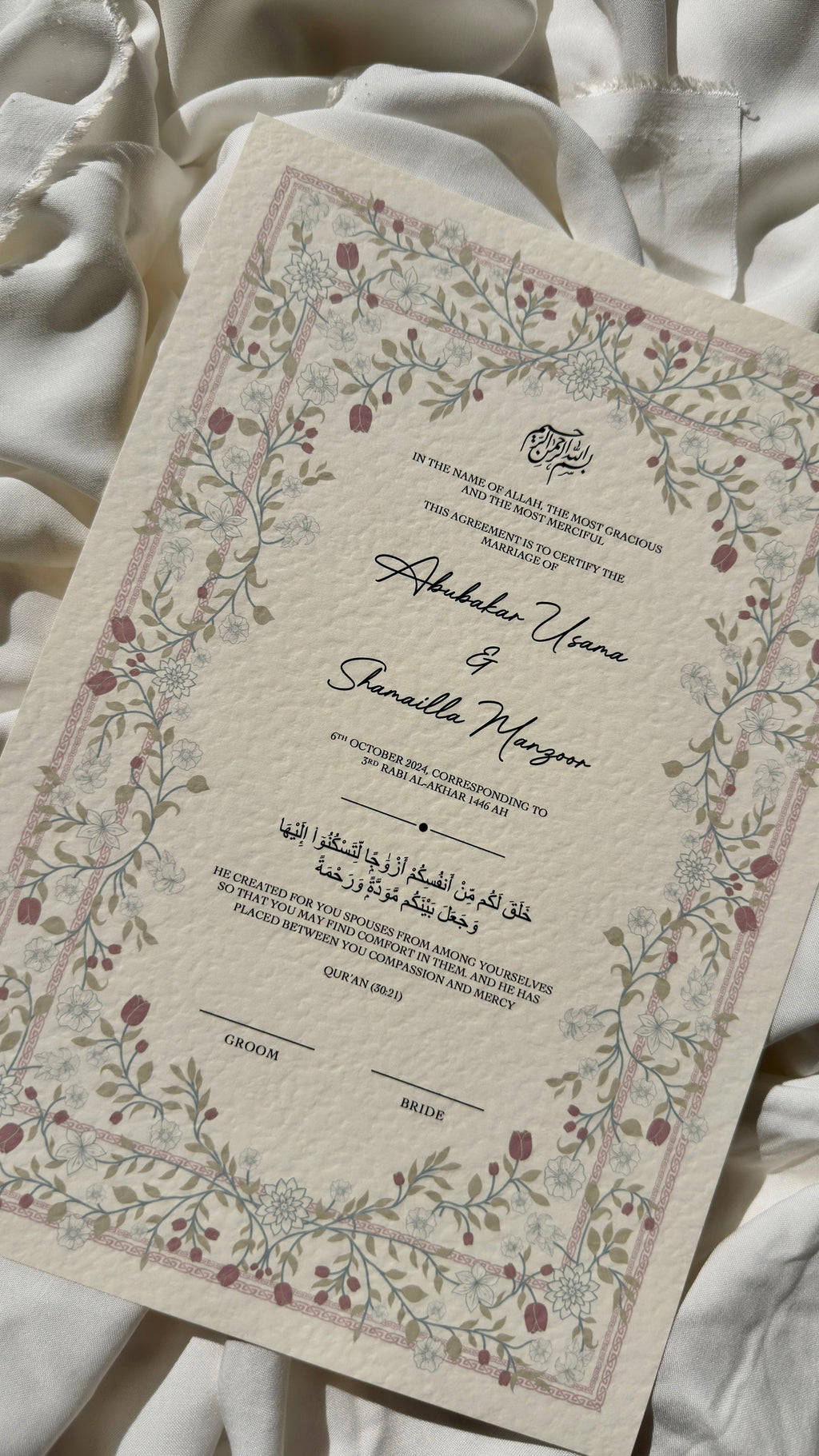 Nikah Certificate - The Rose Garden + Pen