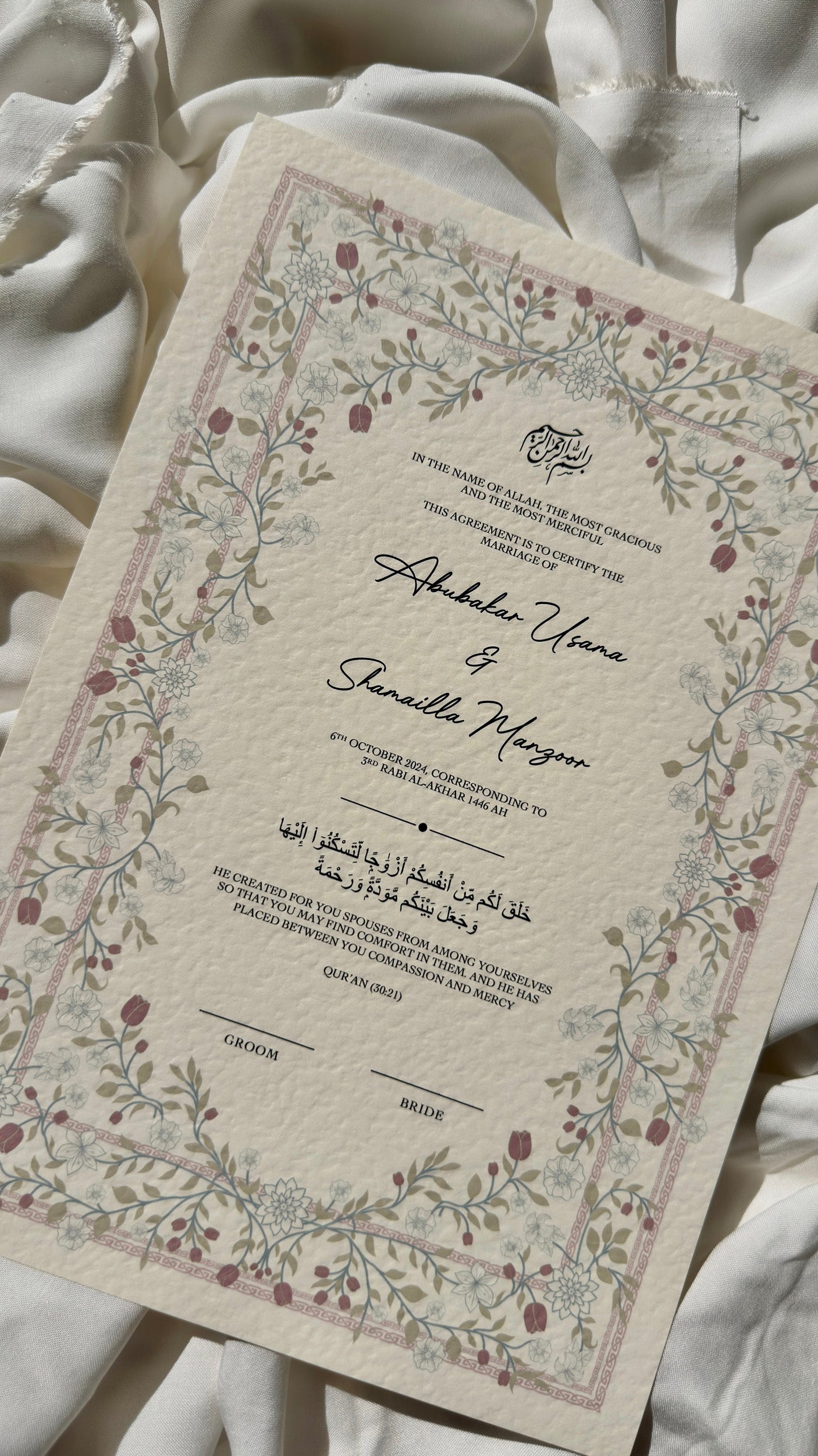 Nikah Certificate - The Rose Garden + Pen