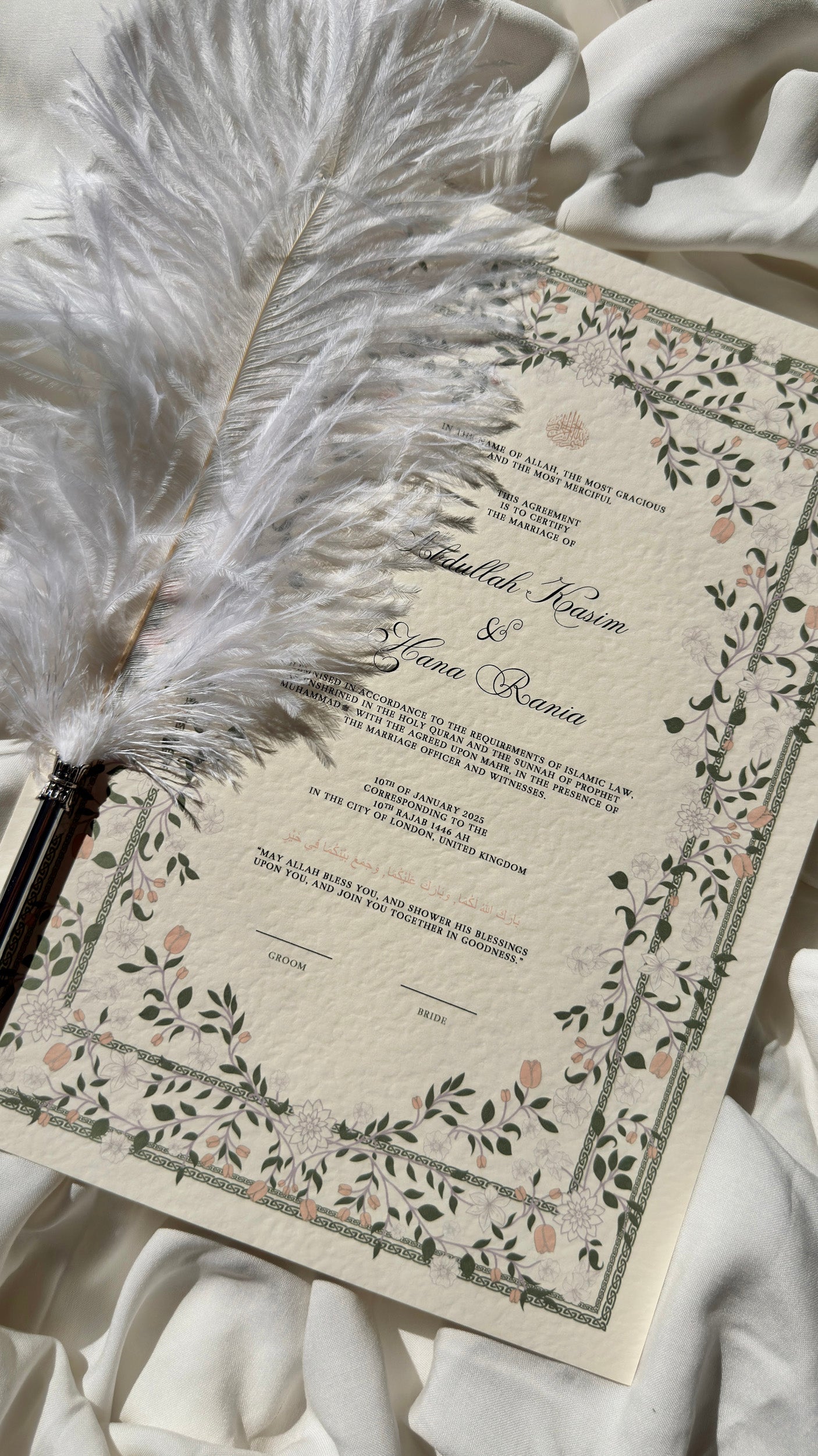 Bundle: Nikah Certificate - The Blooming of Two Hearts + Frame + Pen