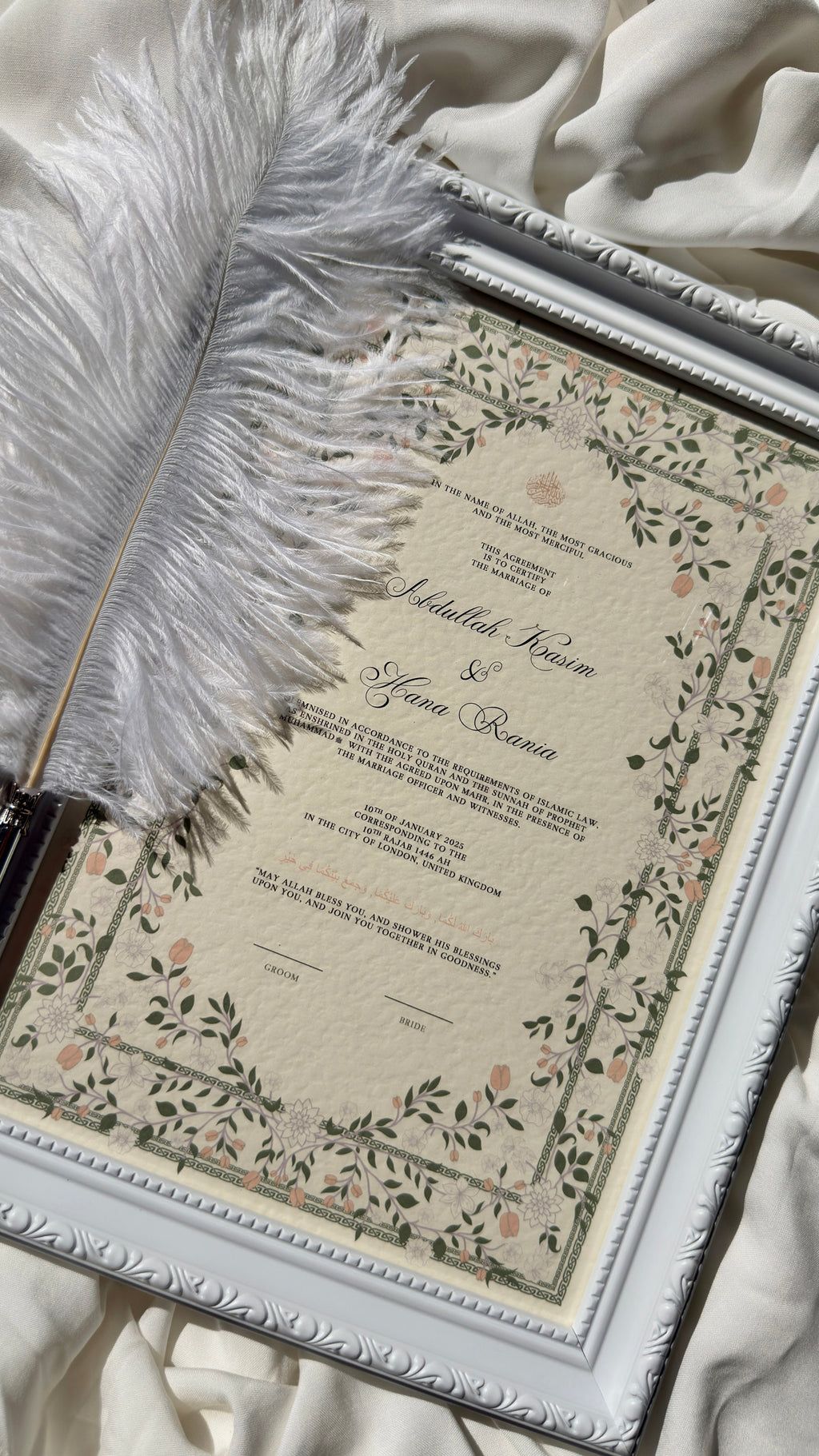 Bundle: Nikah Certificate - The Blooming of Two Hearts + Frame + Pen