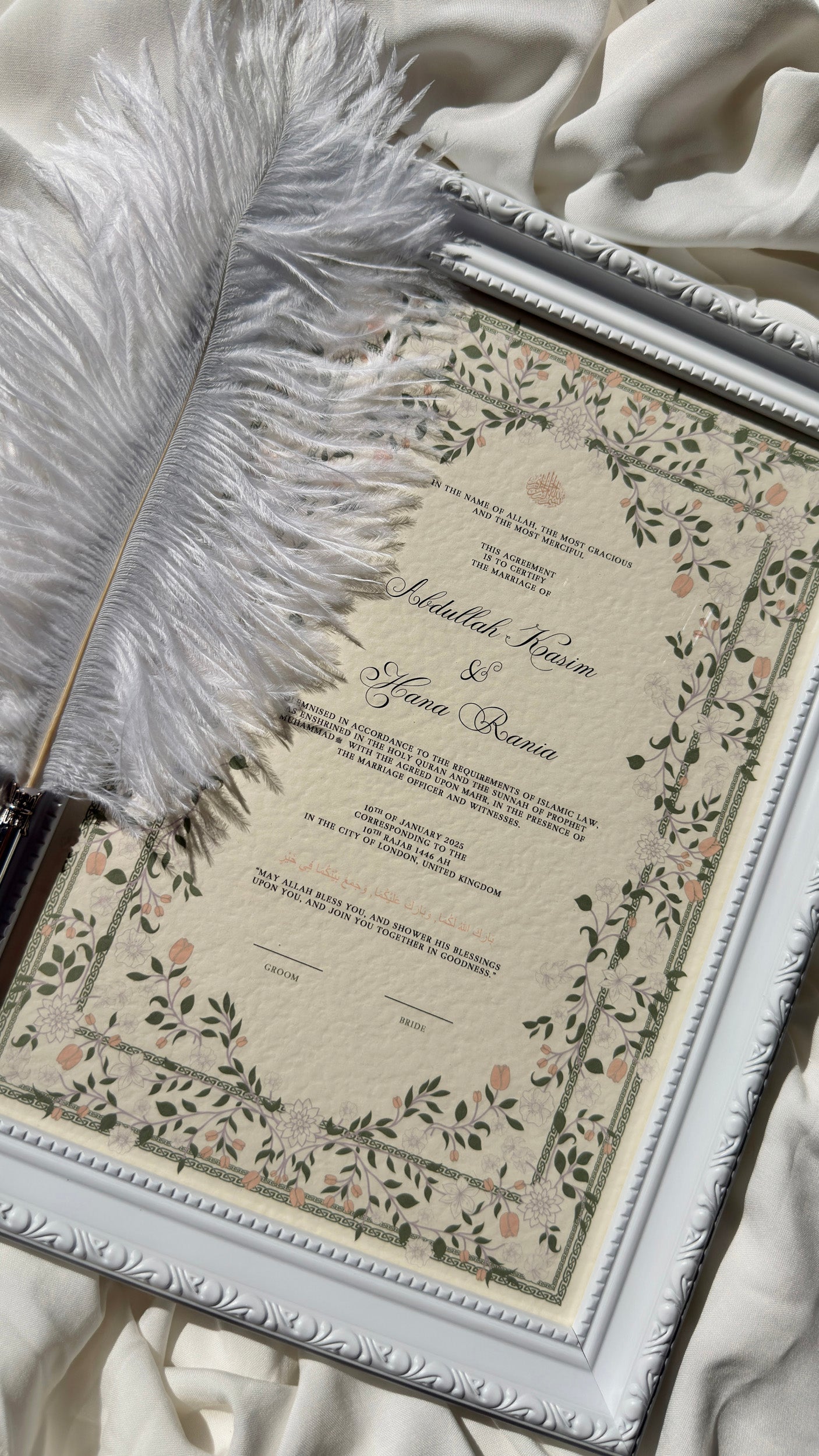Bundle: Nikah Certificate - The Blooming of Two Hearts + Frame + Pen