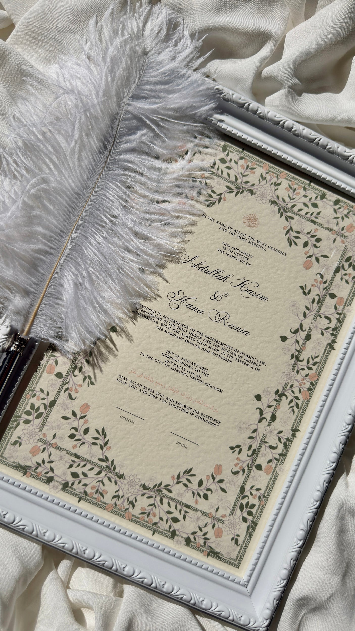 Bundle: Nikah Certificate - The Blooming of Two Hearts + Frame + Pen