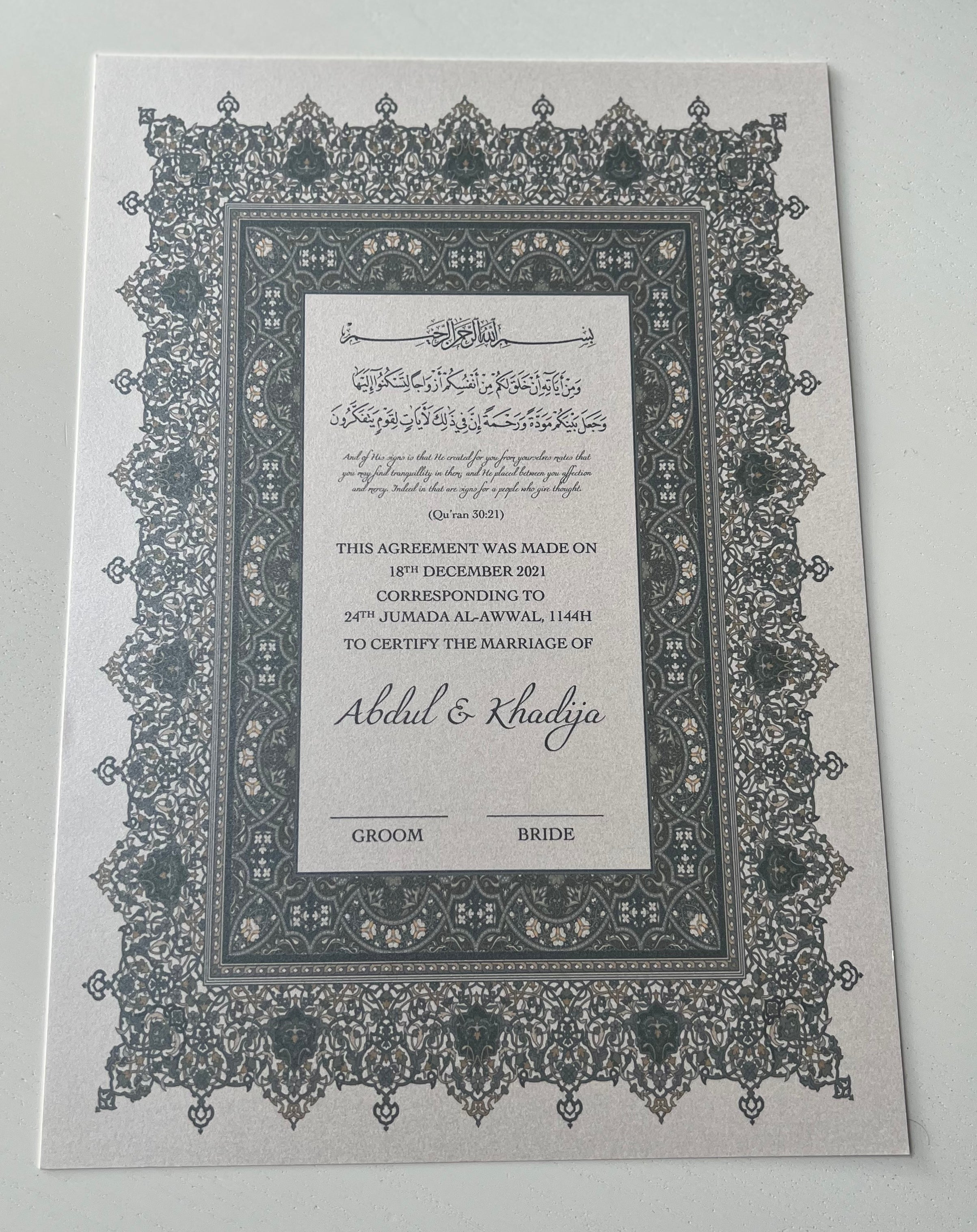 Nikah Certificate - Legacy of Unity