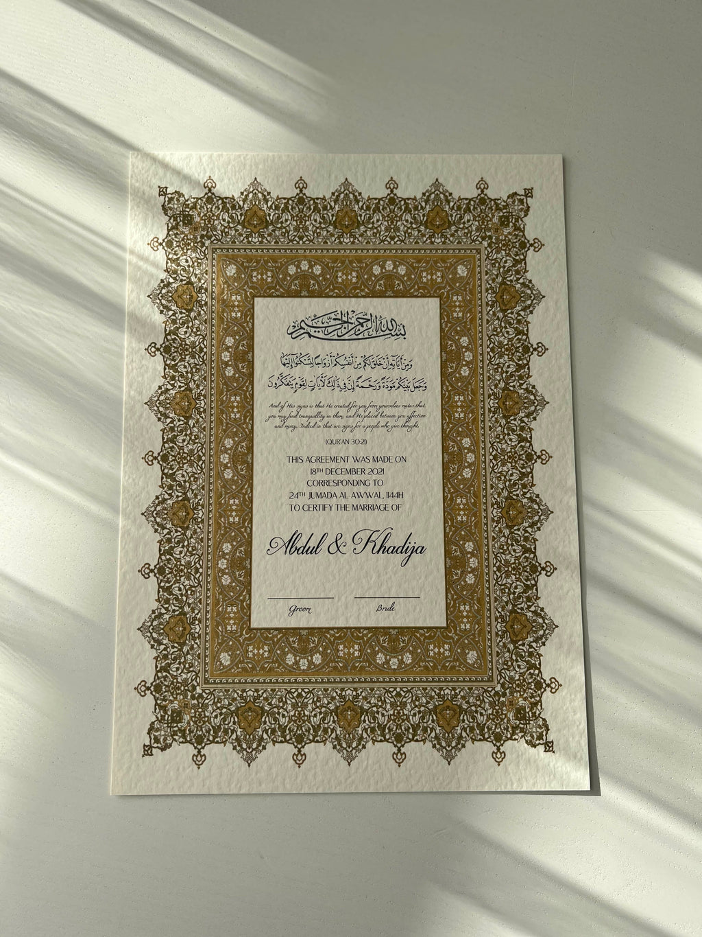 Nikah Certificate - Gold of Hope + Pen