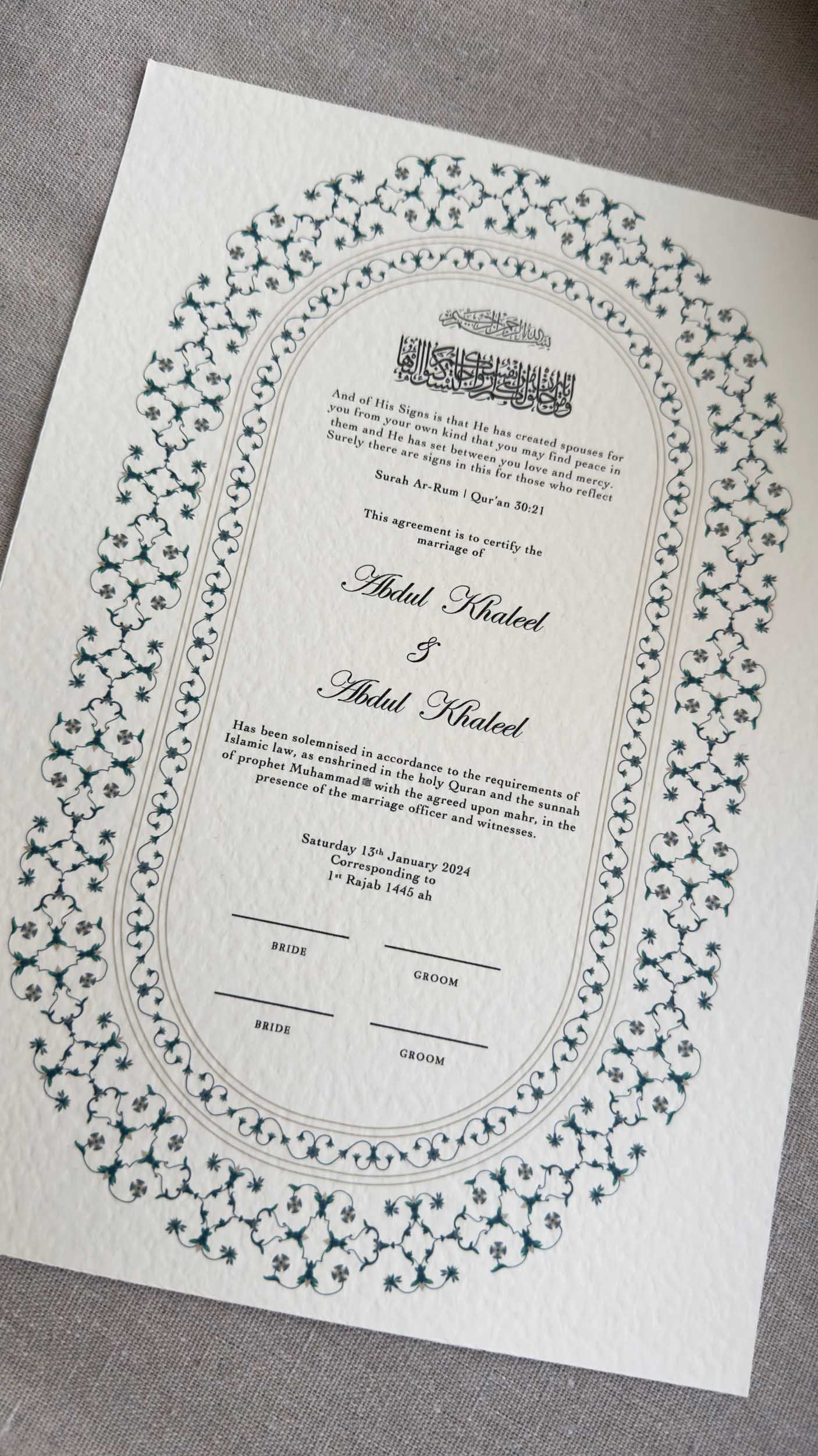 Nikah Certificate - Blue Moments