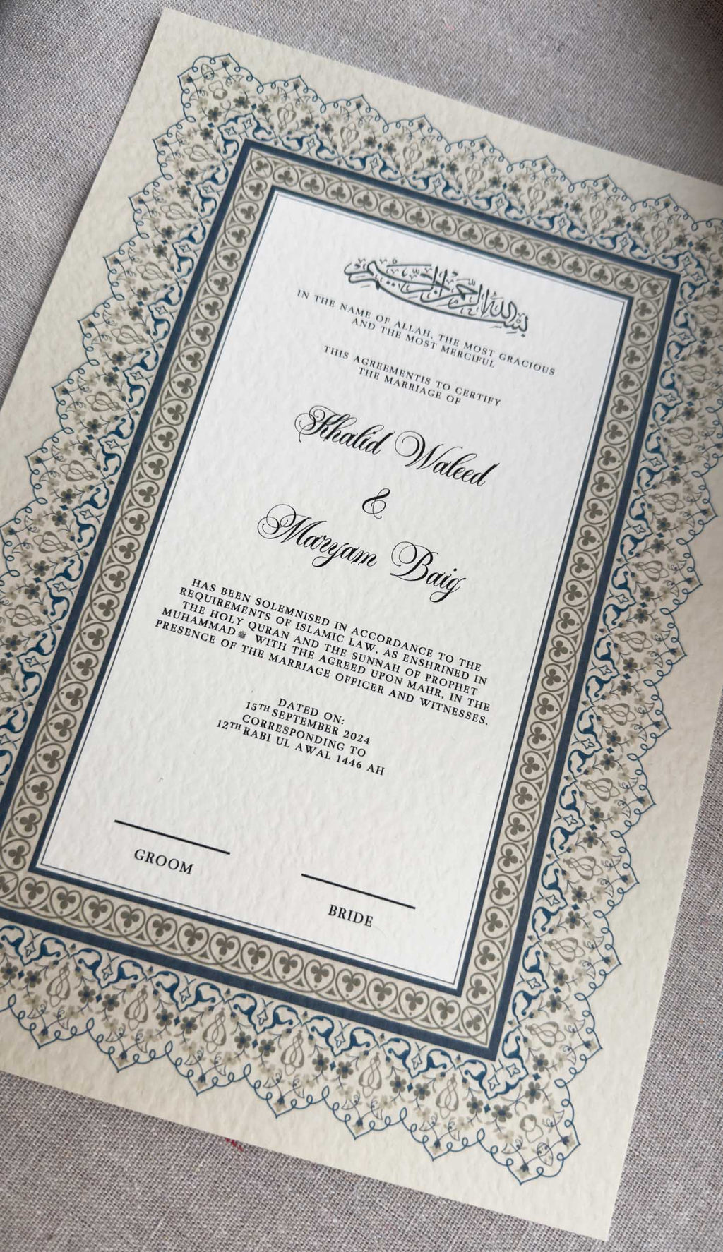 Nikah Certificate - Certificate of Unity + Pen