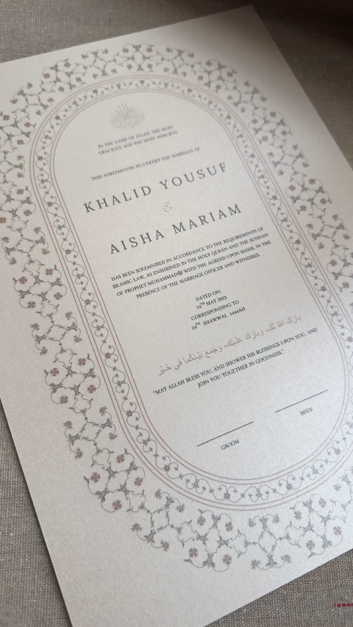 Nikah Certificate - Contract of Life