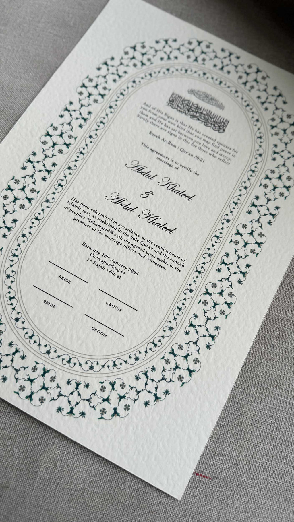 Nikah Certificate - Blue Moments