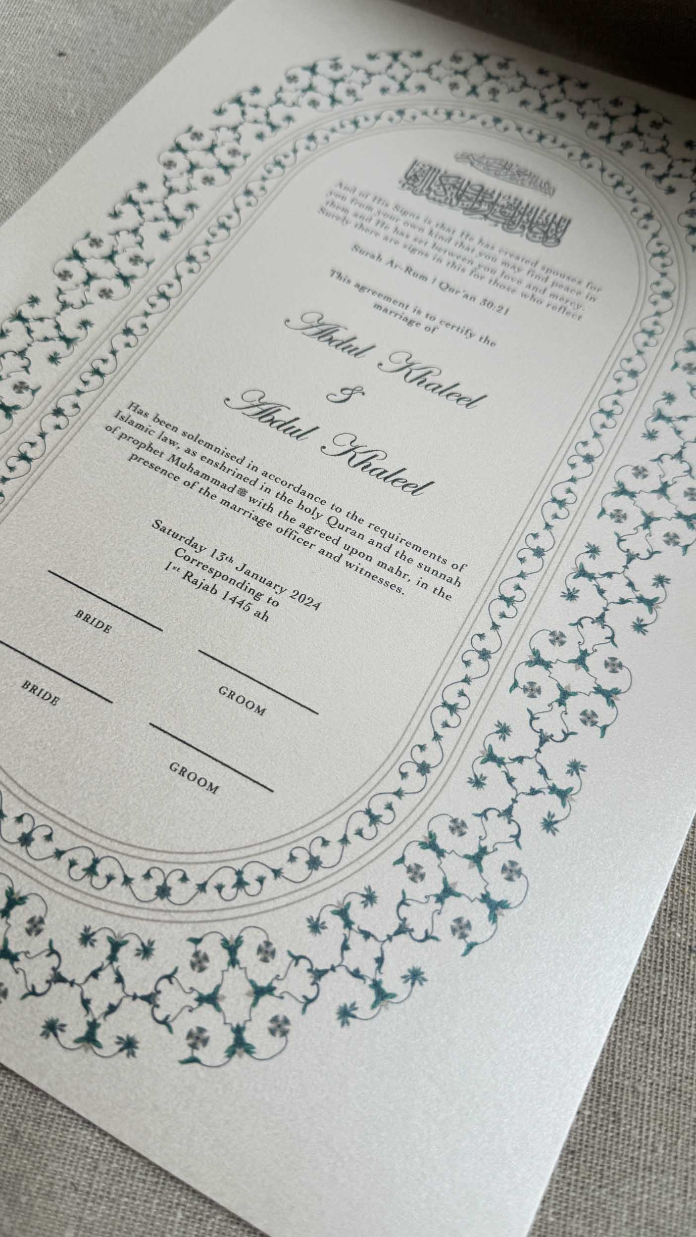 Nikah Certificate - Blue Moments