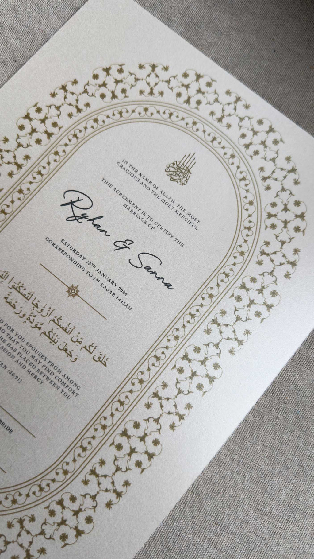 Nikah Certificate - Threads of Gold + Pen