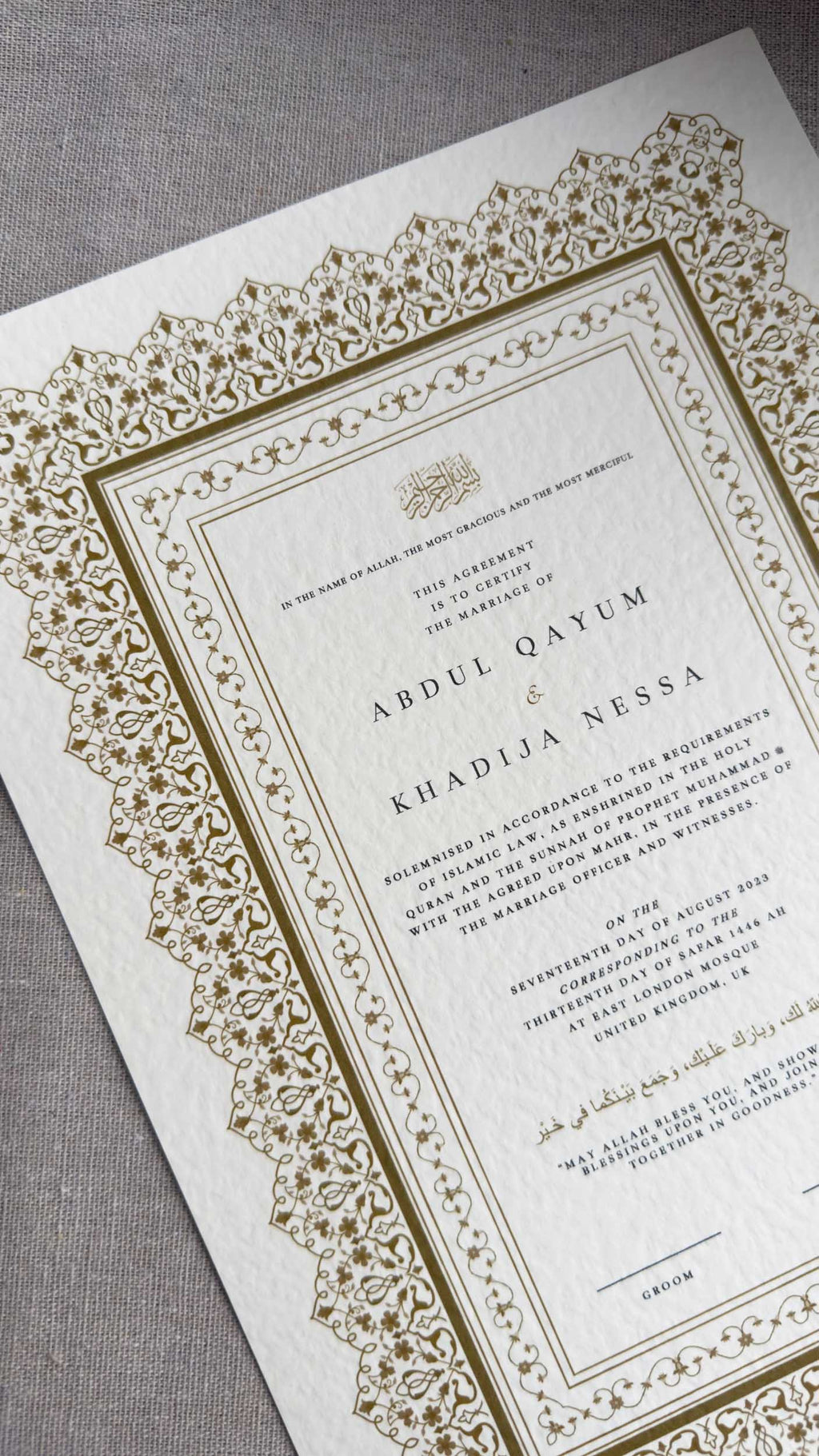 Nikah Certificate - Moment of Gold
